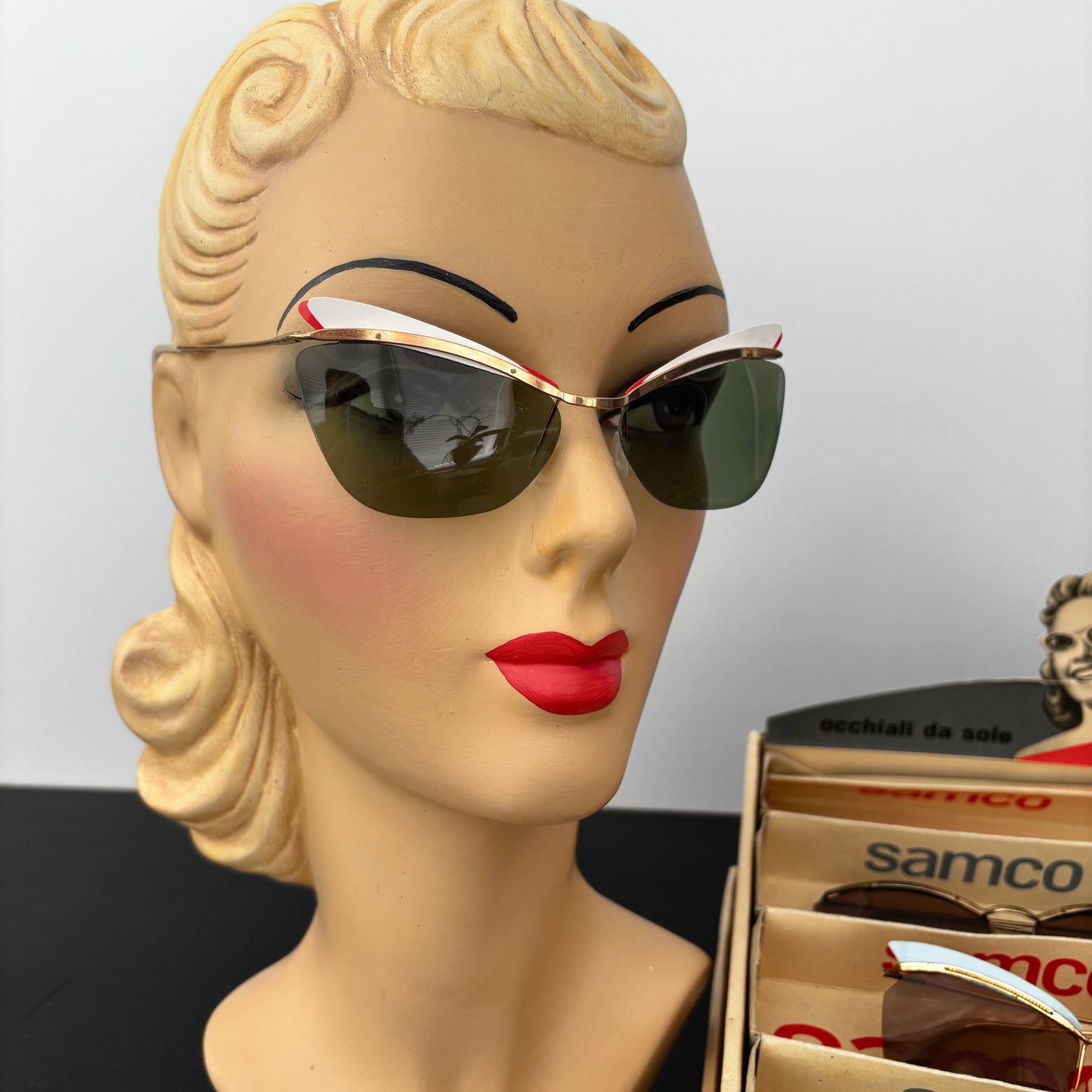 1950s Samco Gold Metal Cat Eye Sunglasses with Red and White Trim