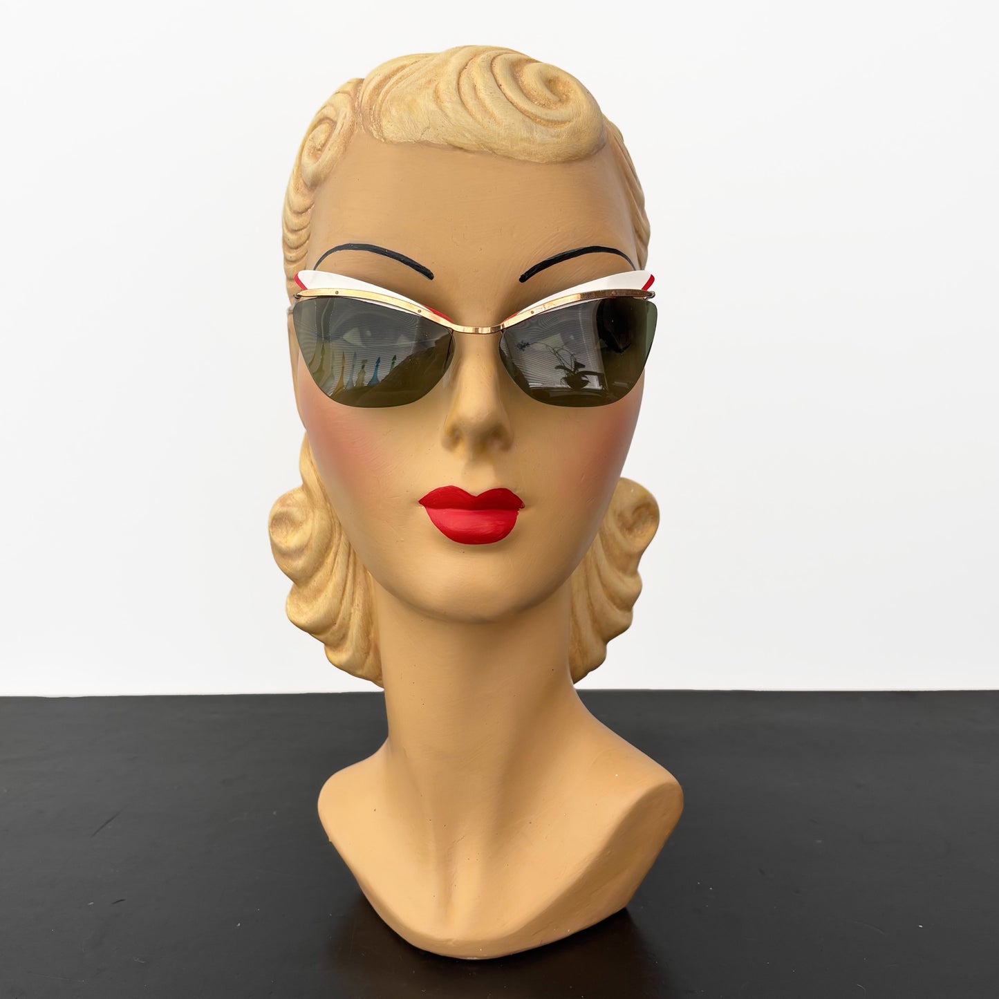 1950s Samco Gold Metal Cat Eye Sunglasses with Red and White Trim