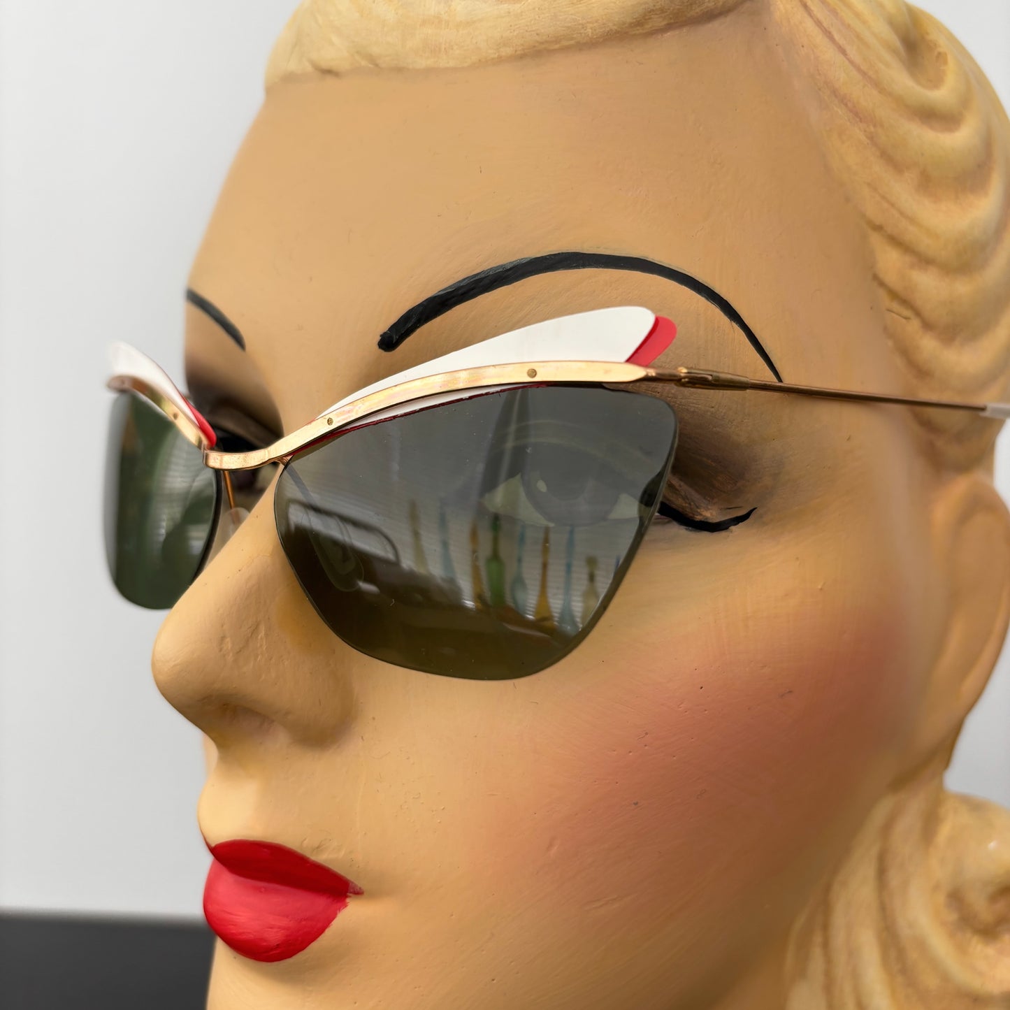 1950s Samco Gold Metal Cat Eye Sunglasses with Red and White Trim
