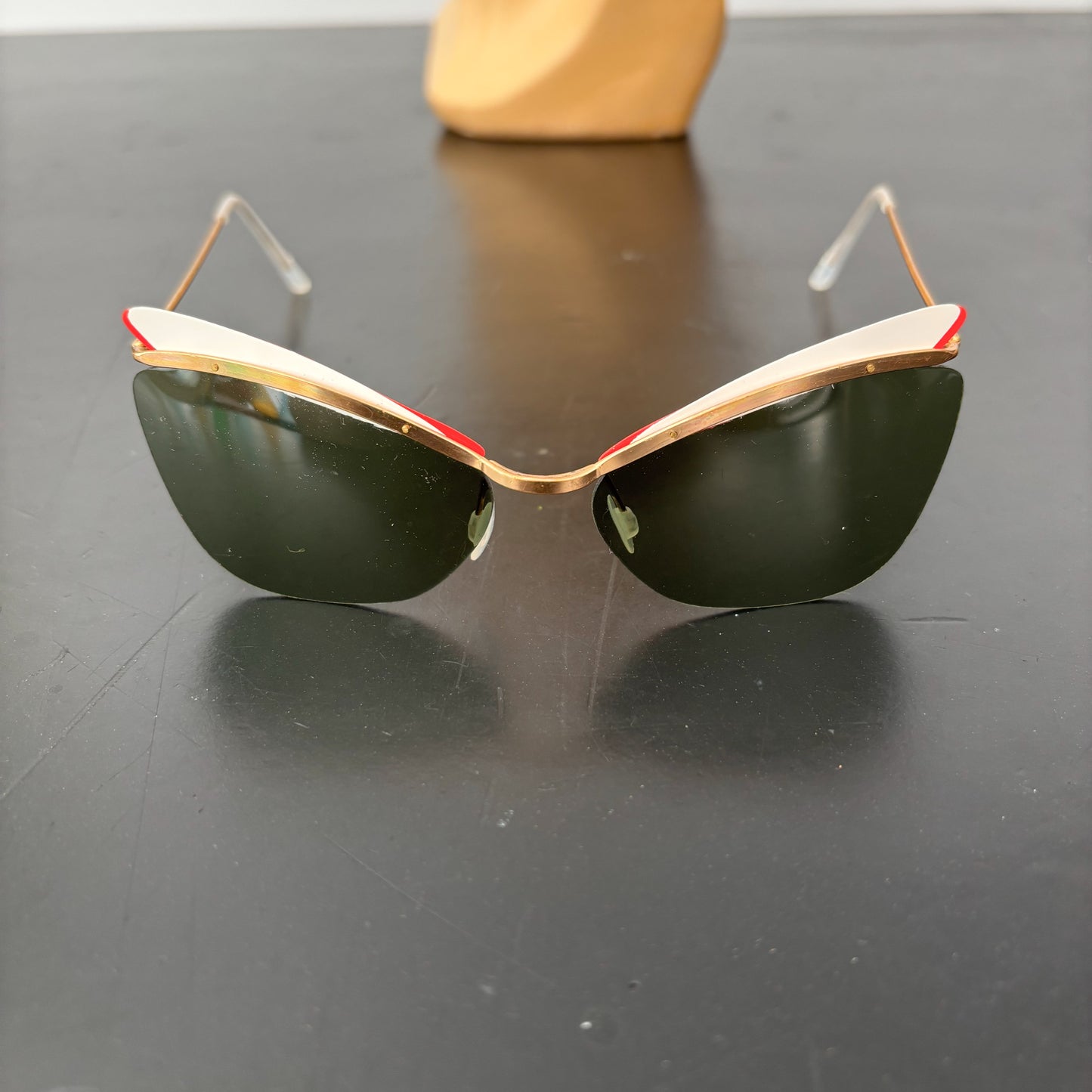 1950s Samco Gold Metal Cat Eye Sunglasses with Red and White Trim