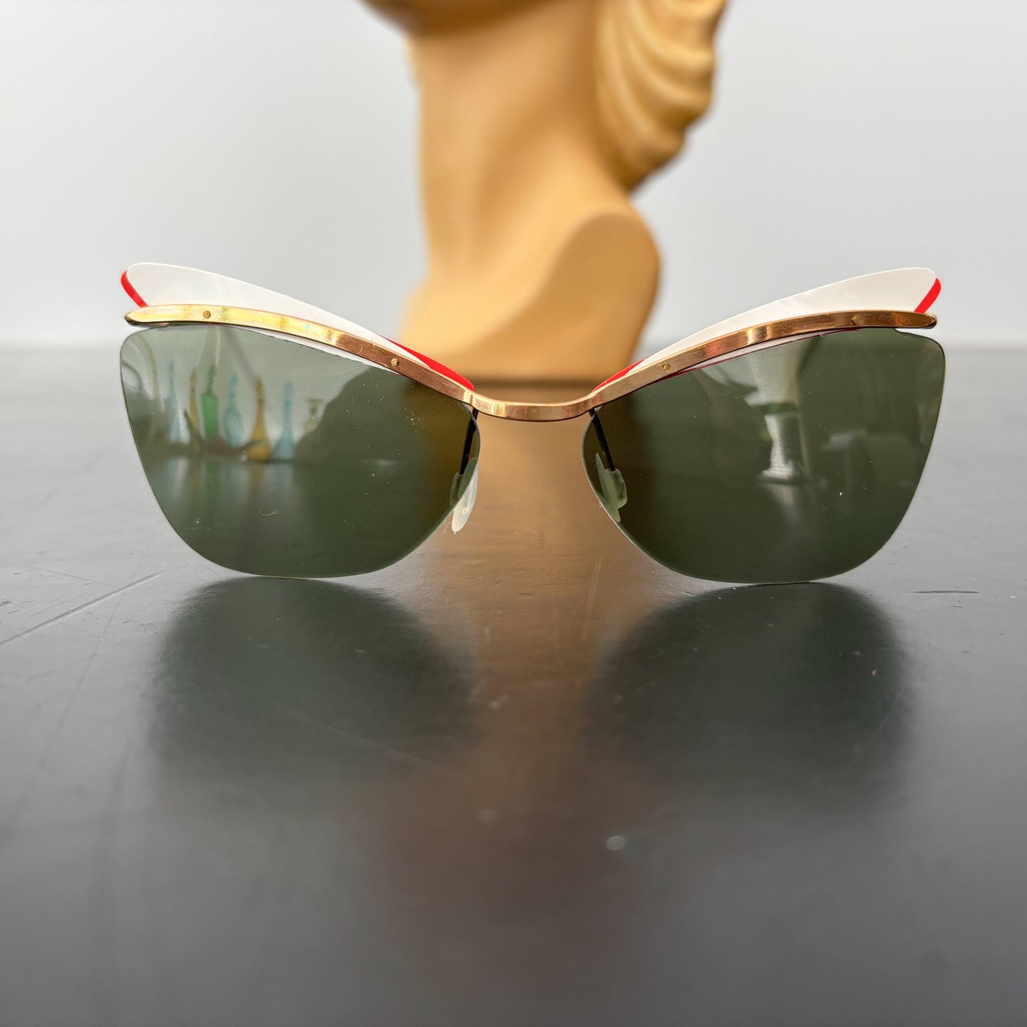1950s Samco Gold Metal Cat Eye Sunglasses with Red and White Trim