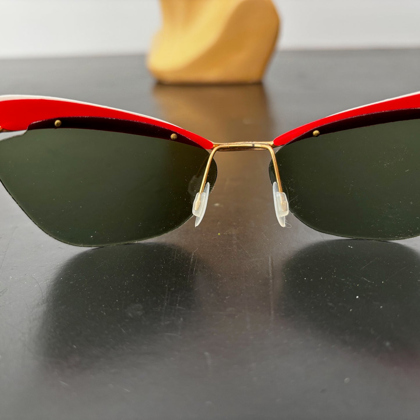 1950s Samco Gold Metal Cat Eye Sunglasses with Red and White Trim