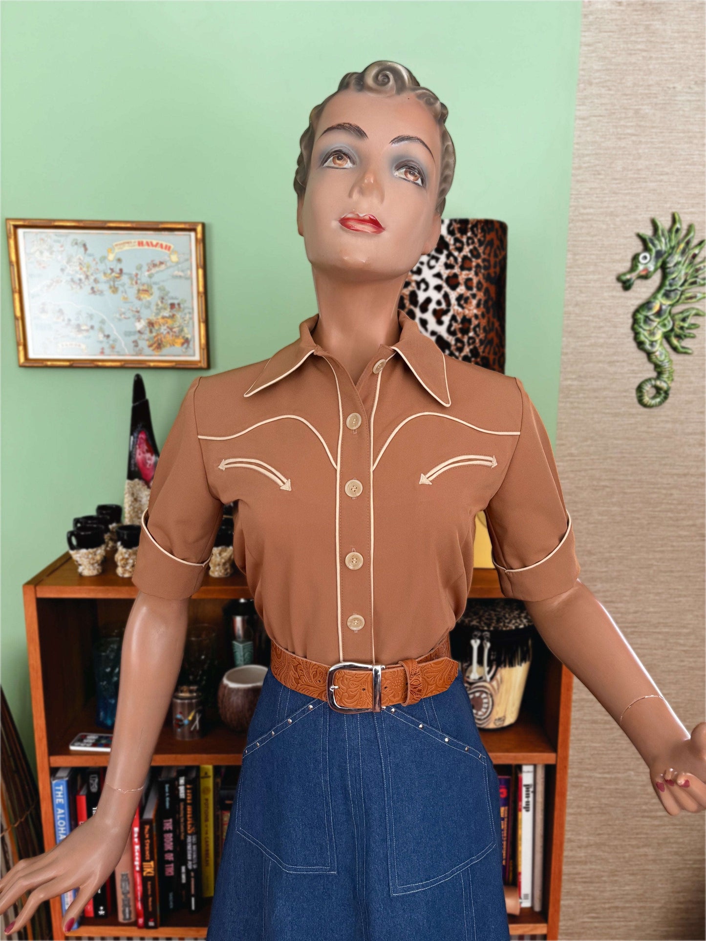 Lorraine 1940s Western Blouse Toffee Lily Scarlet