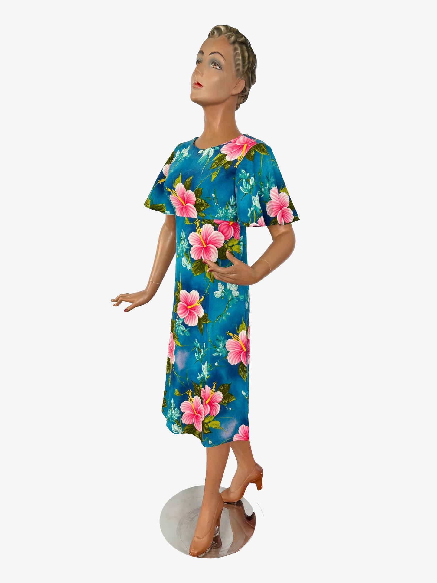 XS/S | 1960s/1970s Blue and Pink Hibiscus Hukilau Fashions Dress