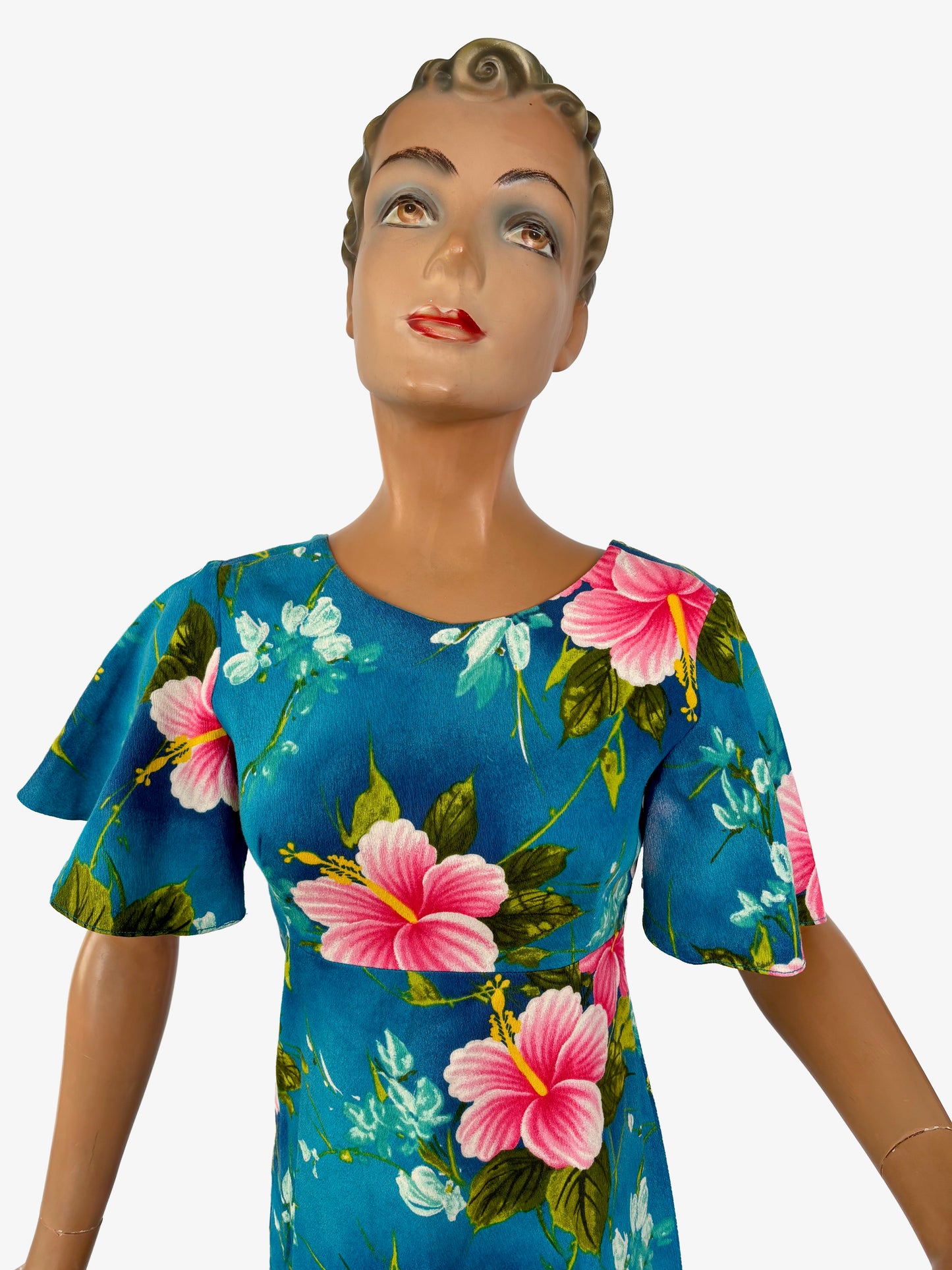 XS/S | 1960s/1970s Blue and Pink Hibiscus Hukilau Fashions Dress