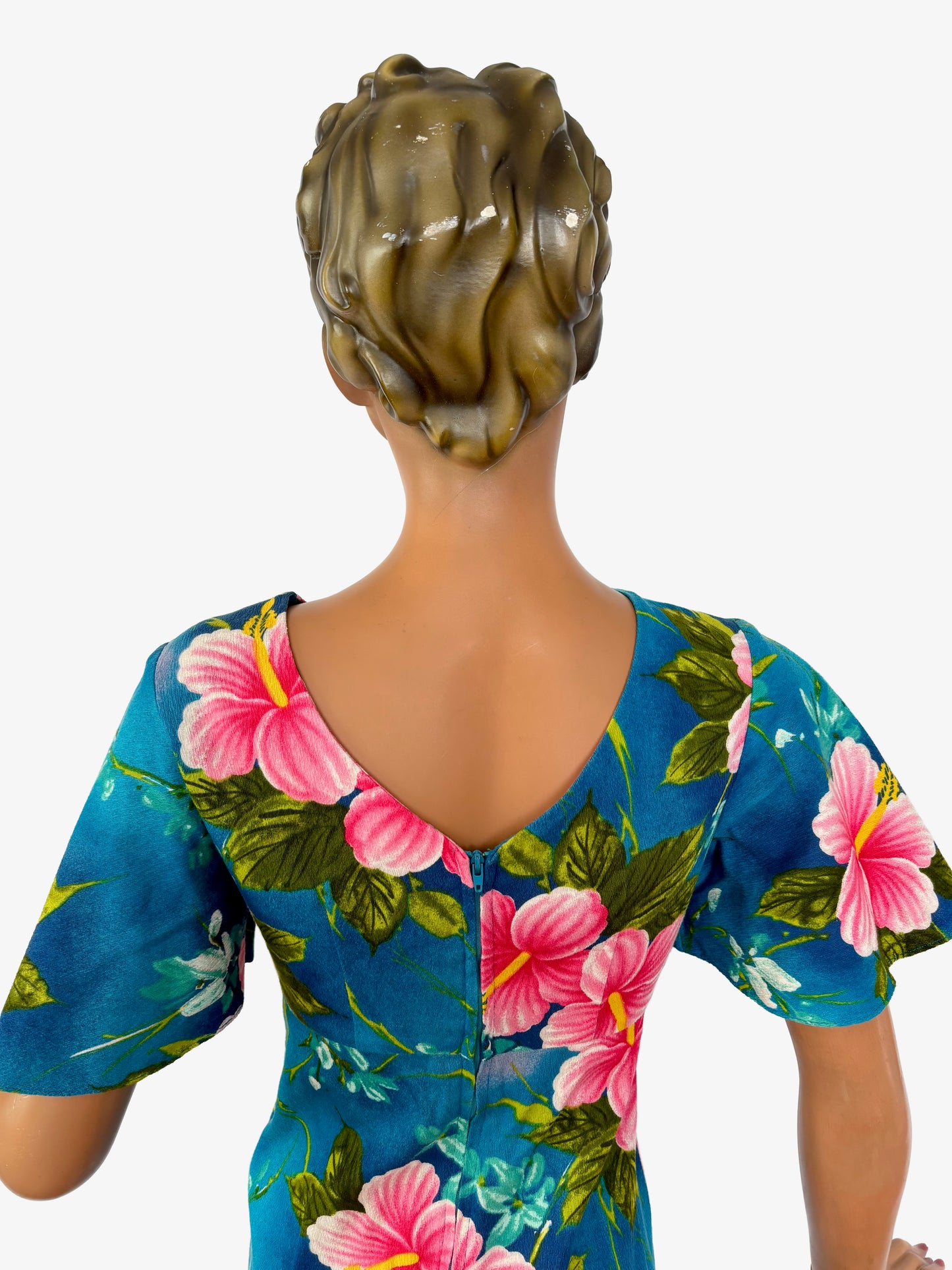 XS/S | 1960s/1970s Blue and Pink Hibiscus Hukilau Fashions Dress
