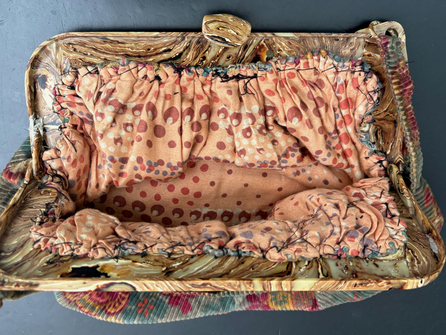 1940s/50s Corduroy Handbag With Marbled Plastic Frame
