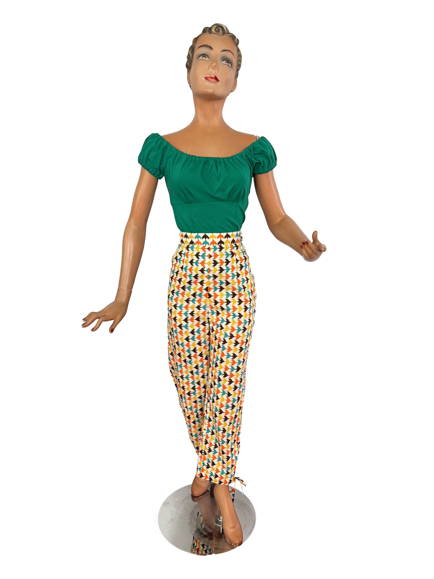 1950s Style Harlequin Capri Pants with Bird Print | S