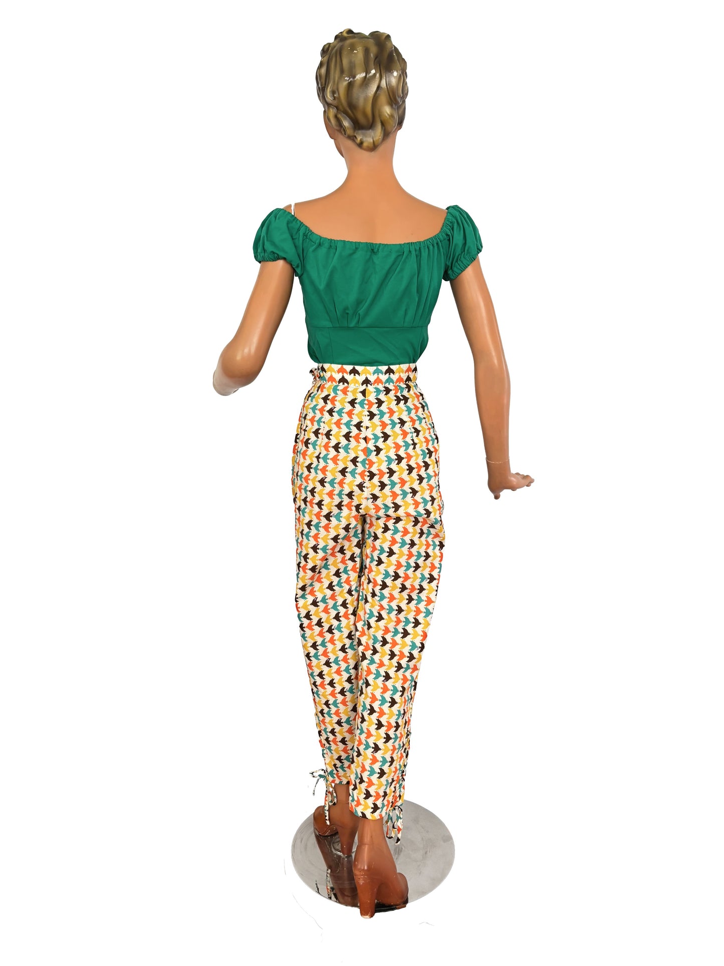 1950s Style Harlequin Capri Pants with Bird Print | S
