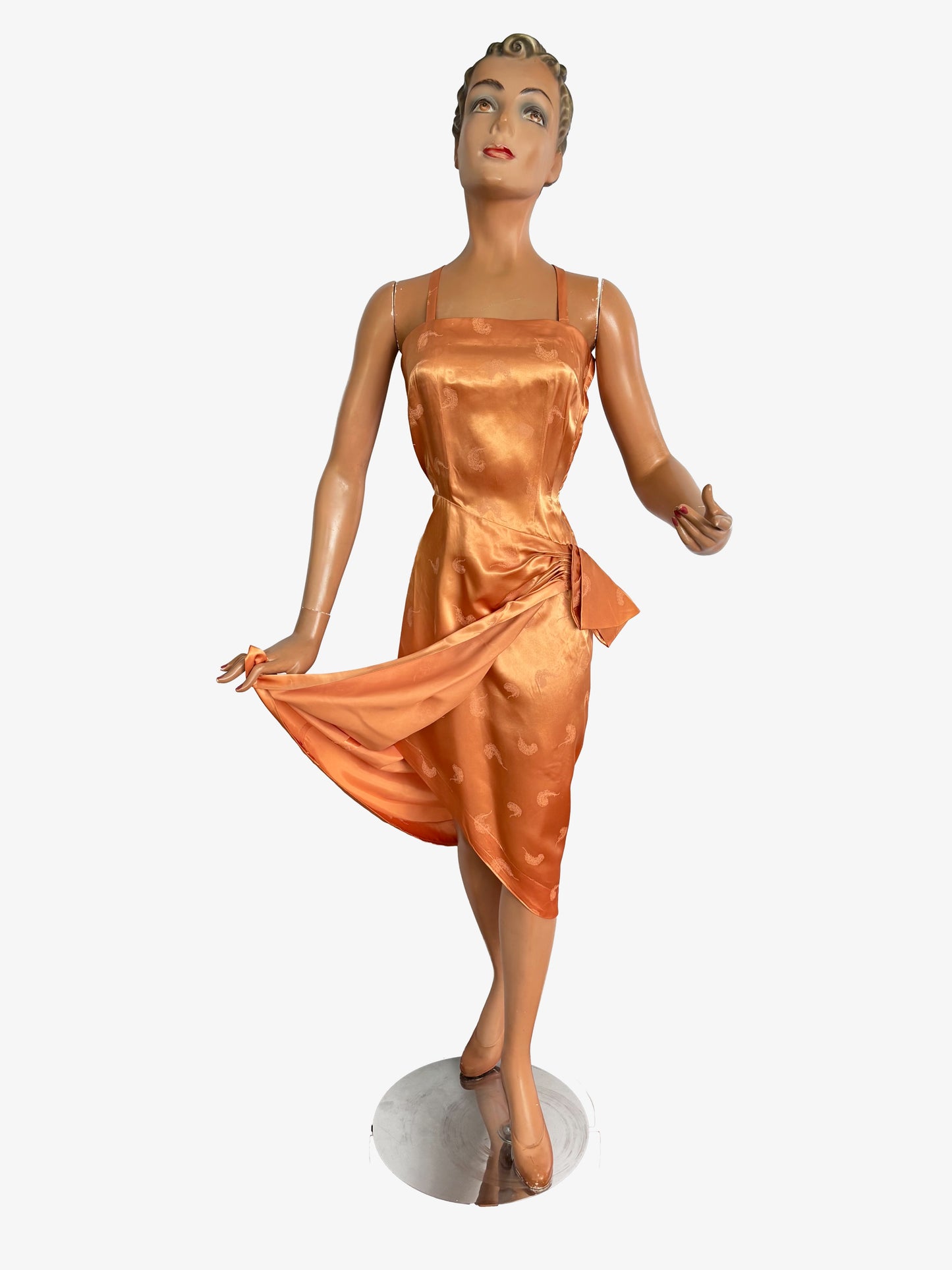 XS | 1950s/60s Satin Jacquard Sarong Dress With Feather Motif
