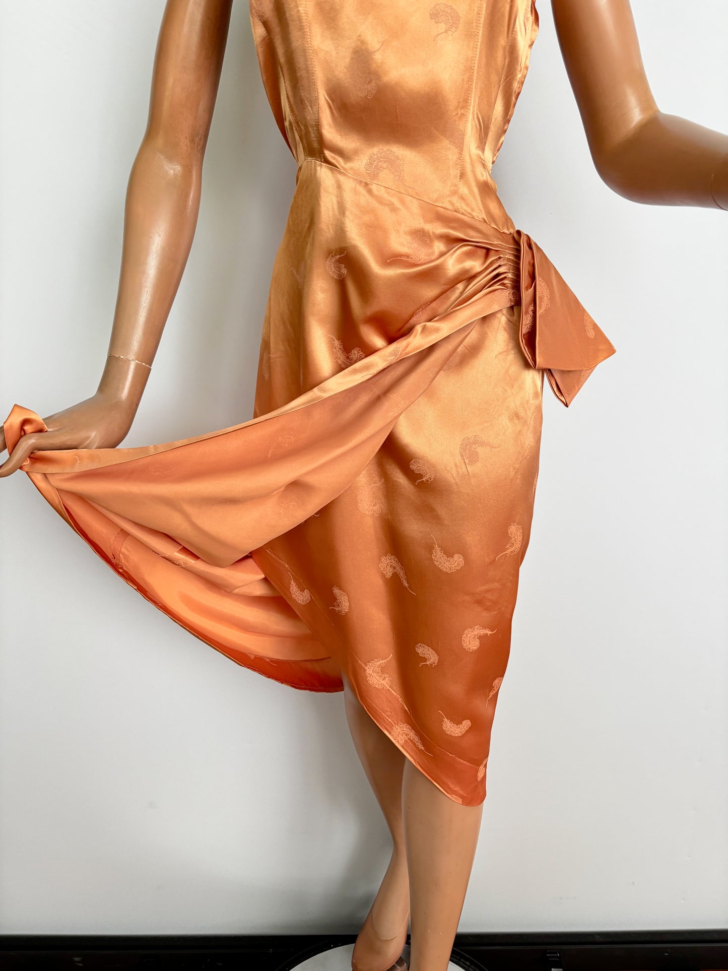 XS | 1950s/60s Satin Jacquard Sarong Dress With Feather Motif
