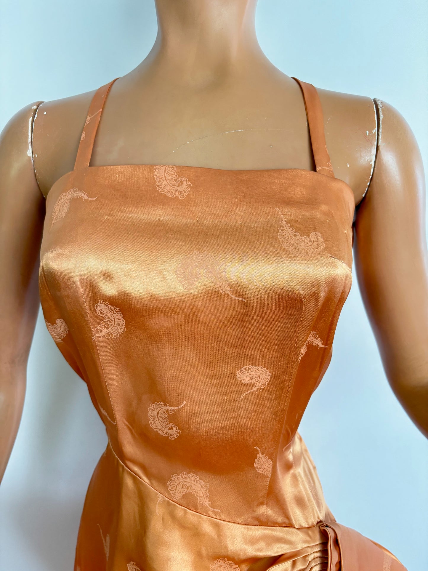 XS | 1950s/60s Satin Jacquard Sarong Dress With Feather Motif