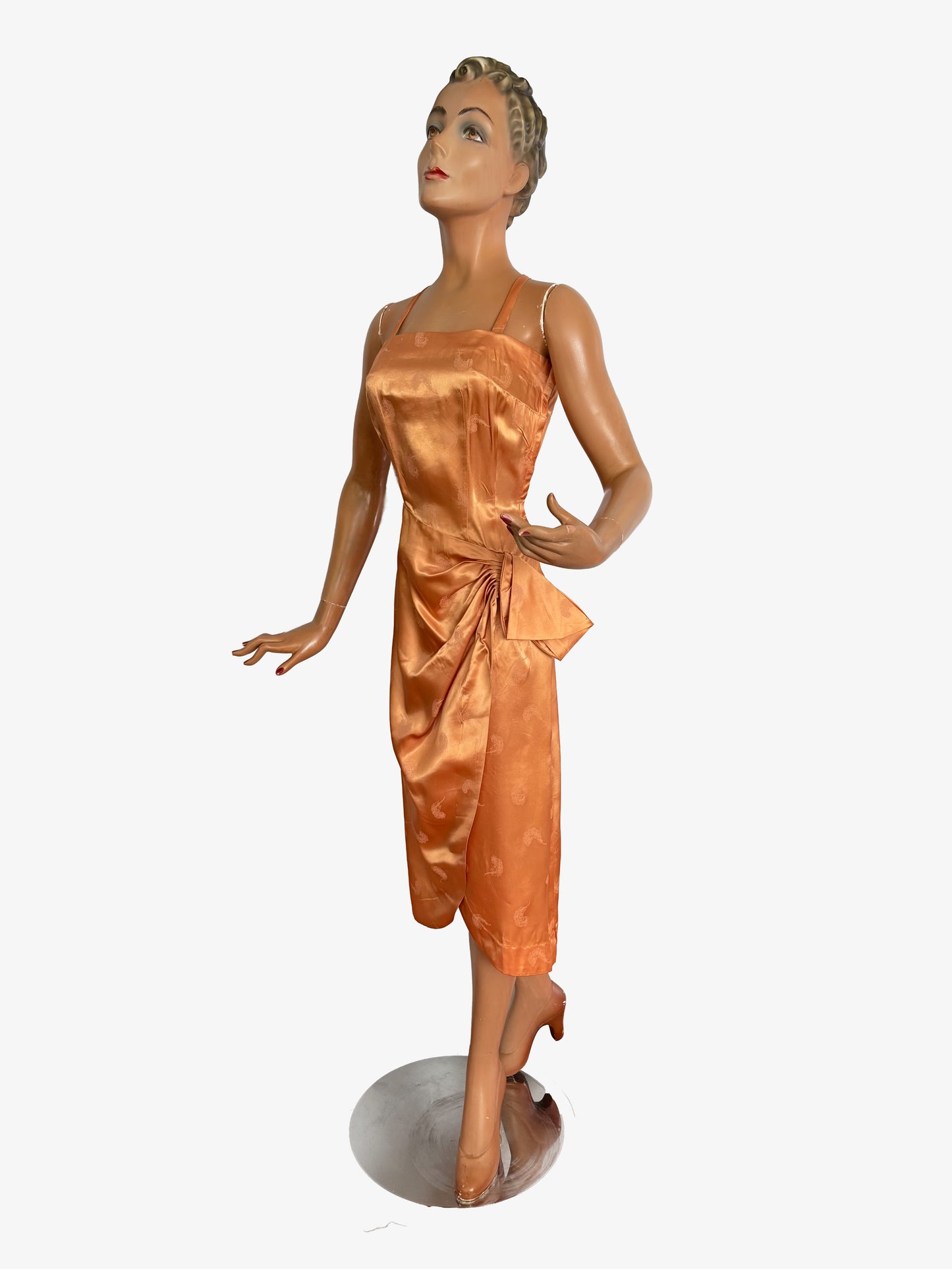 XS | 1950s/60s Satin Jacquard Sarong Dress With Feather Motif
