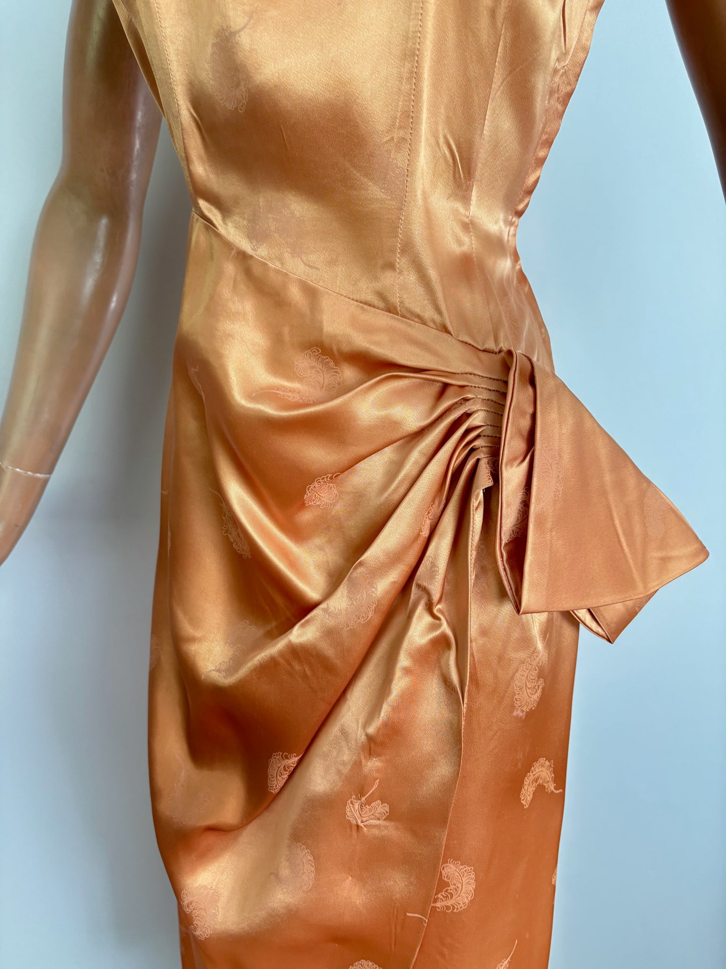 XS | 1950s/60s Satin Jacquard Sarong Dress With Feather Motif