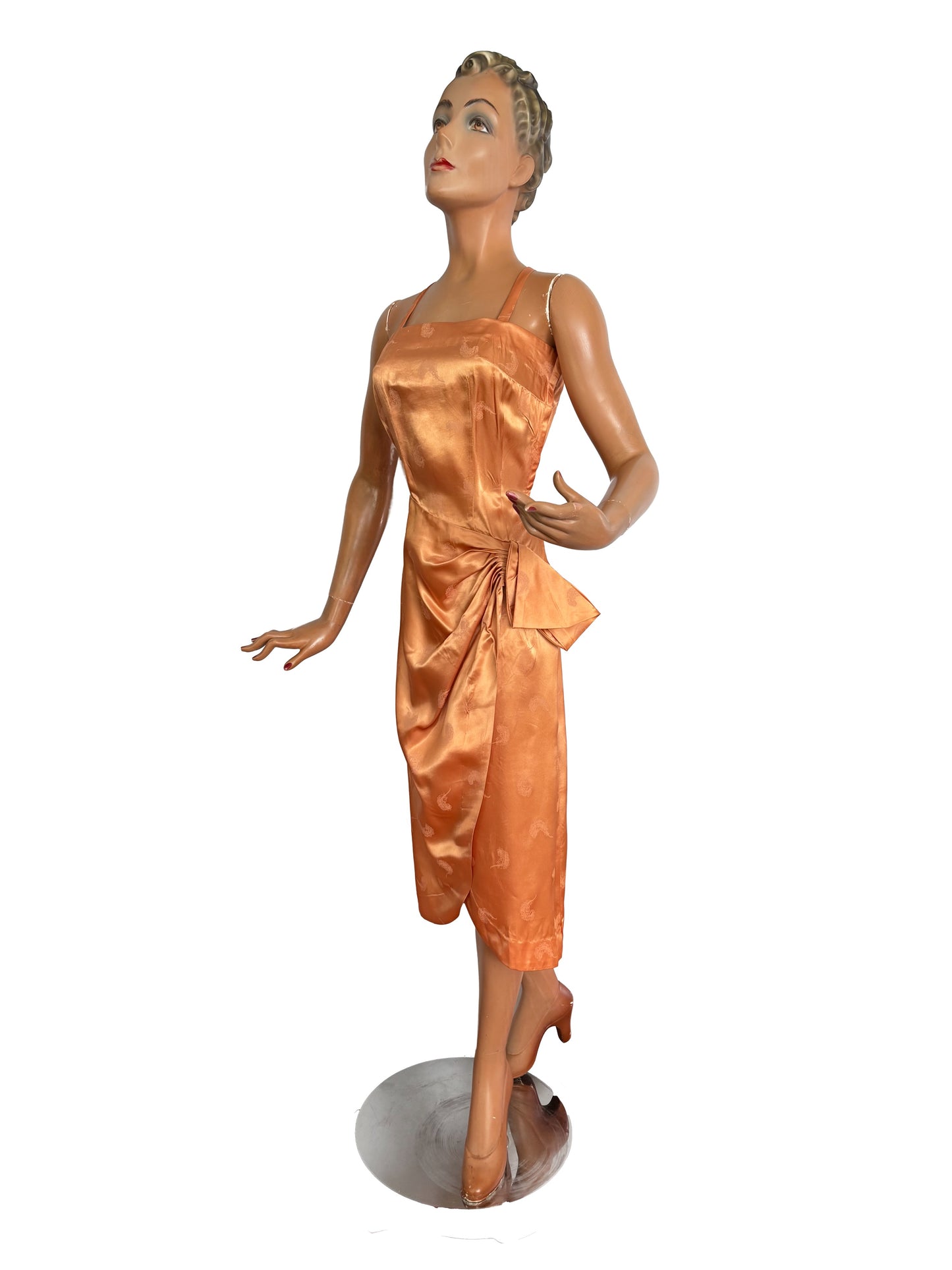 XS | 1950s/60s Satin Jacquard Sarong Dress With Feather Motif