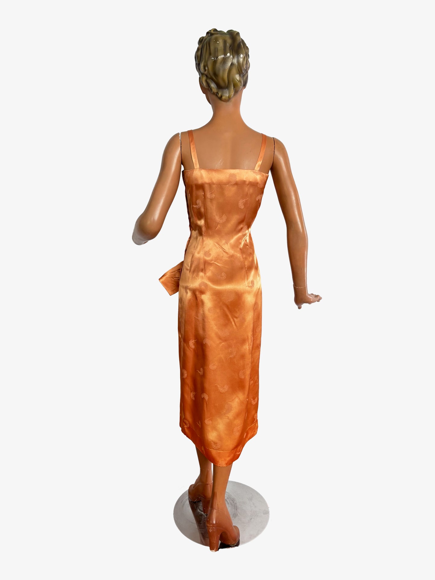 XS | 1950s/60s Satin Jacquard Sarong Dress With Feather Motif