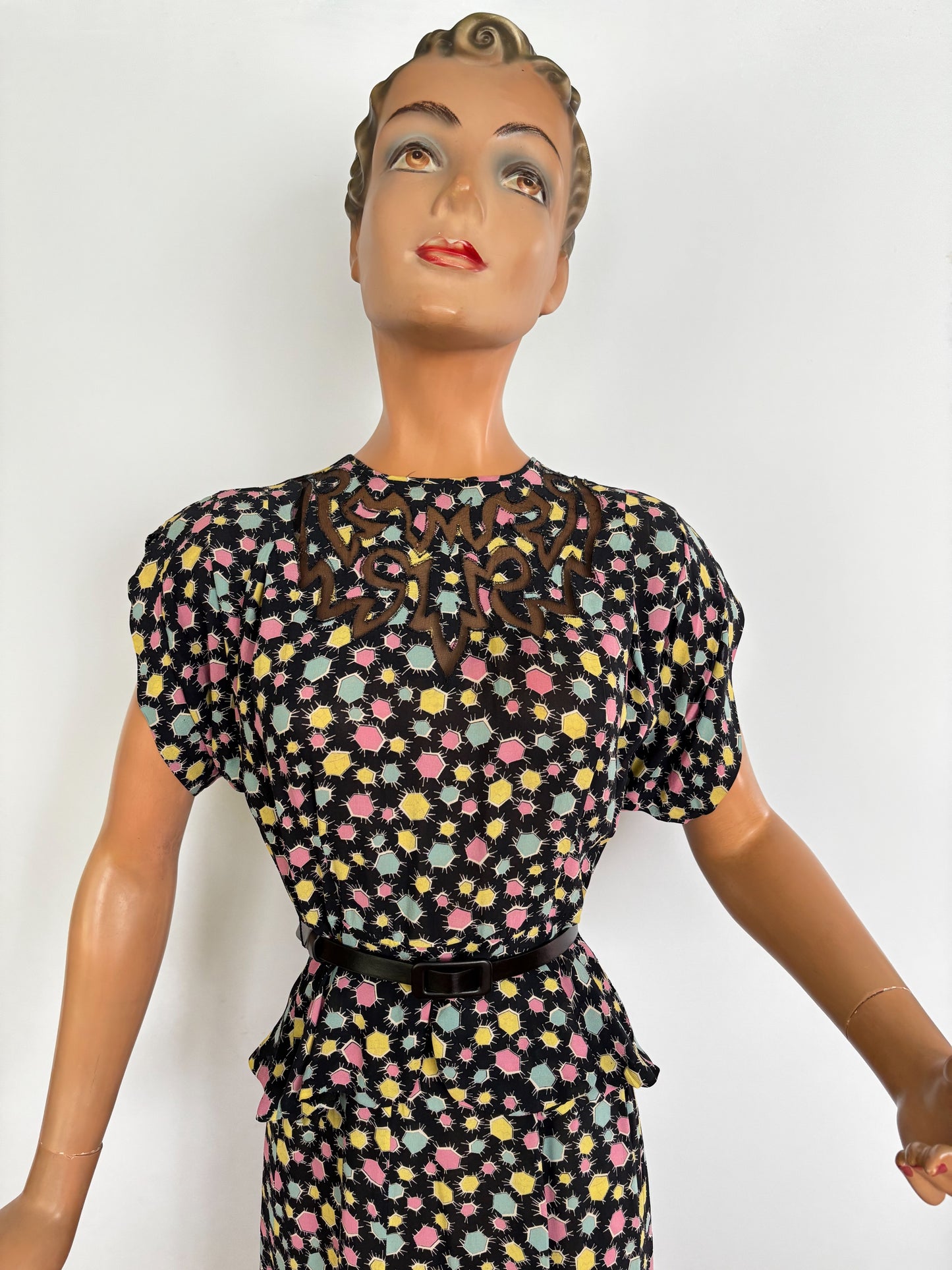 1940s Black Crepe Peplum Set With Pastel Star Print | XS