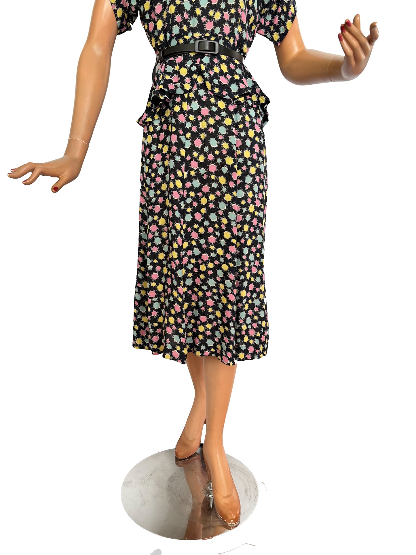 1940s Black Crepe Peplum Set With Pastel Star Print | XS