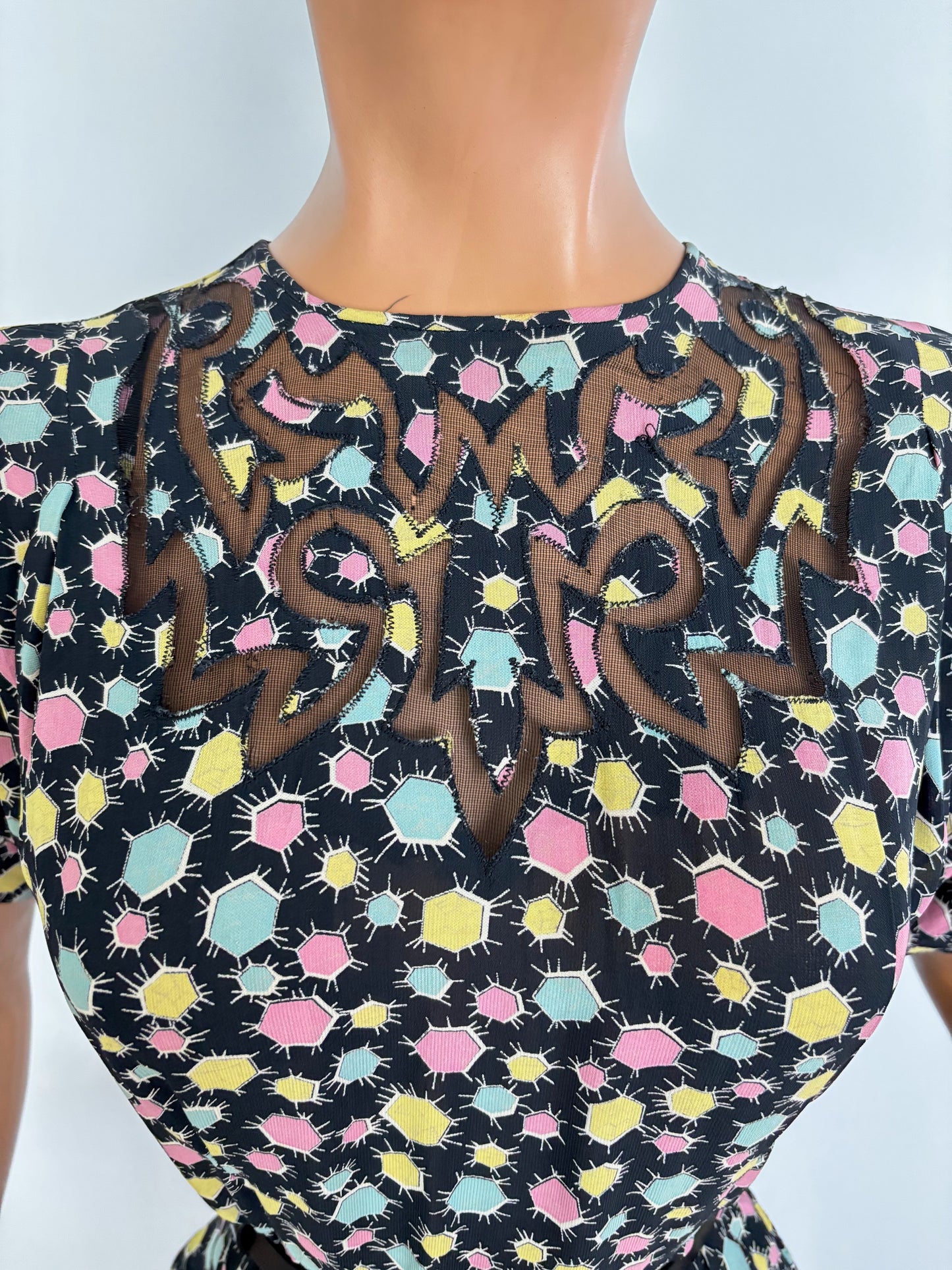 1940s Black Crepe Peplum Set With Pastel Star Print | XS