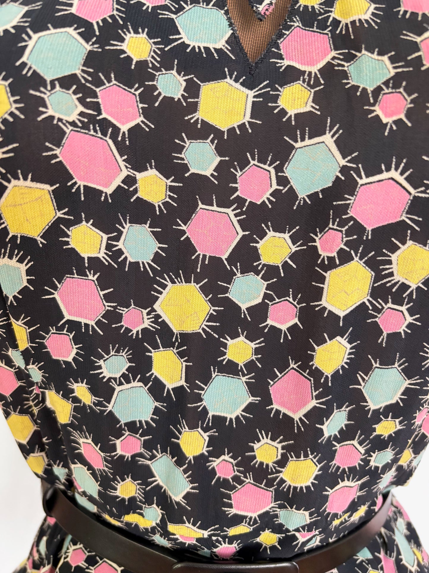 1940s Black Crepe Peplum Set With Pastel Star Print | XS