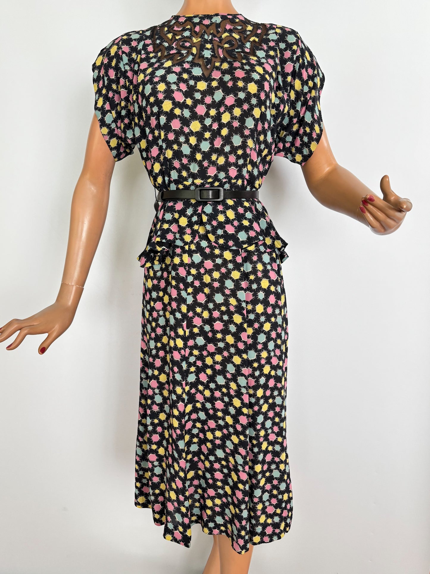 1940s Black Crepe Peplum Set With Pastel Star Print | XS