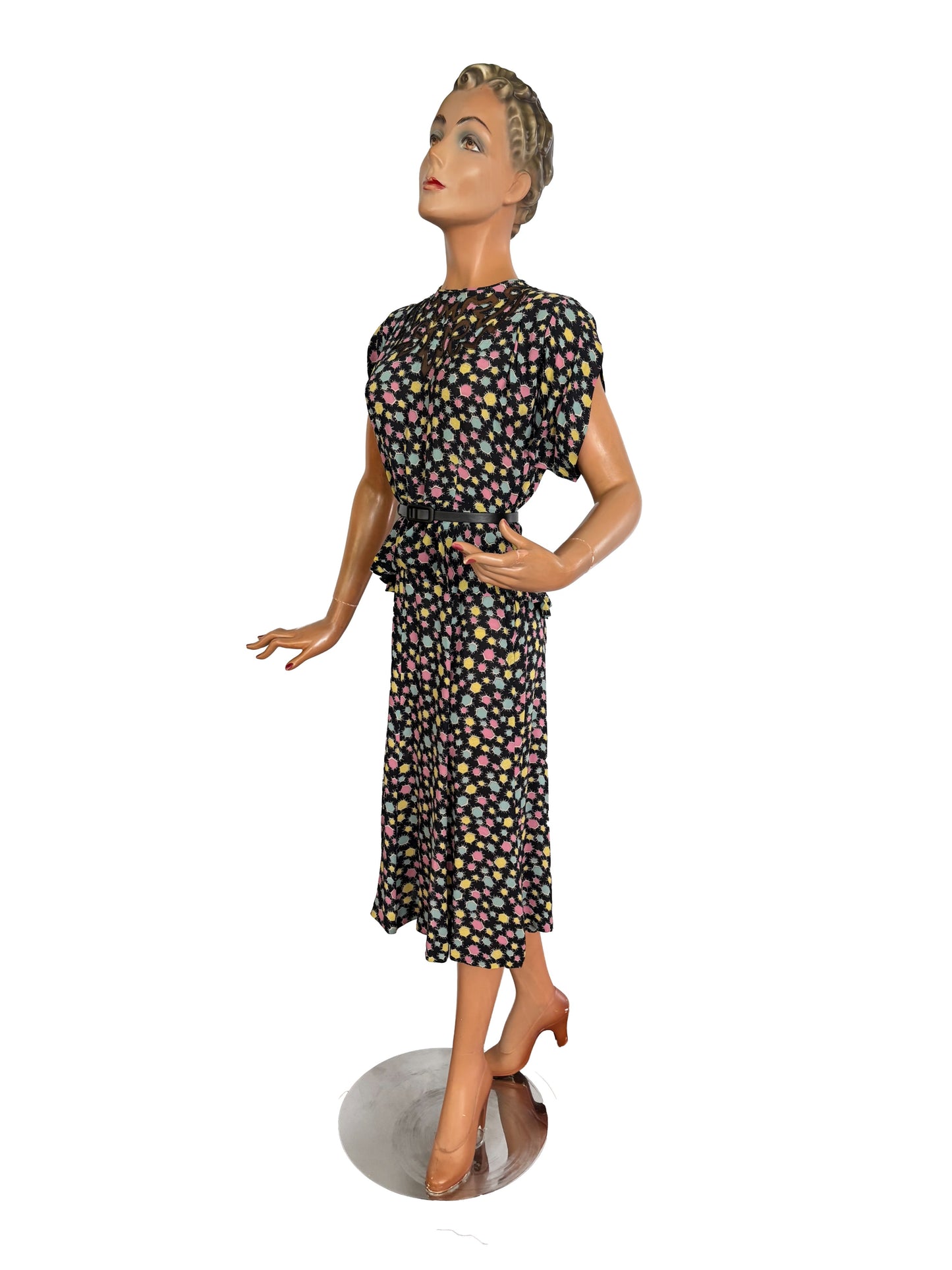 1940s Black Crepe Peplum Set With Pastel Star Print | XS
