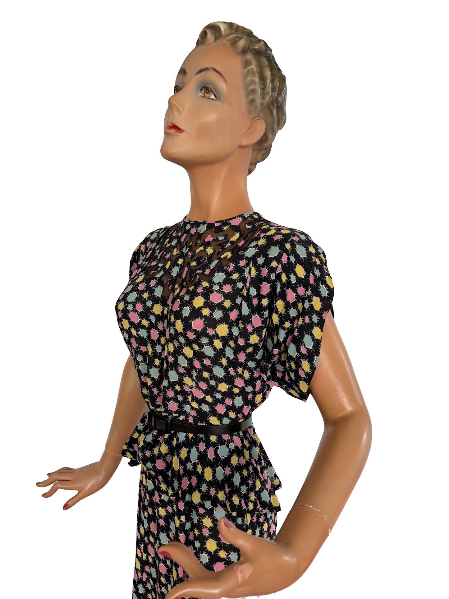 1940s Black Crepe Peplum Set With Pastel Star Print | XS