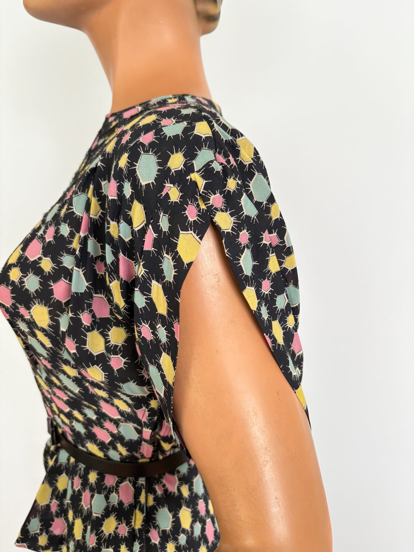 1940s Black Crepe Peplum Set With Pastel Star Print | XS