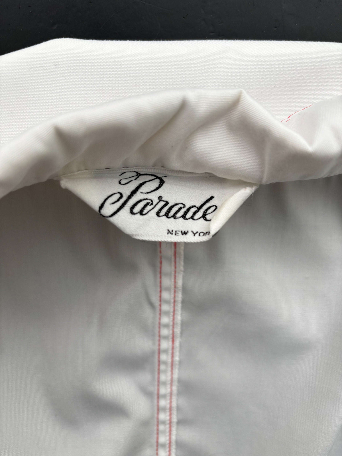 M | 1970s Parade NY White Cotton Poplin Blouse with Red Stitching And Anchor Patch Lily Scarlet