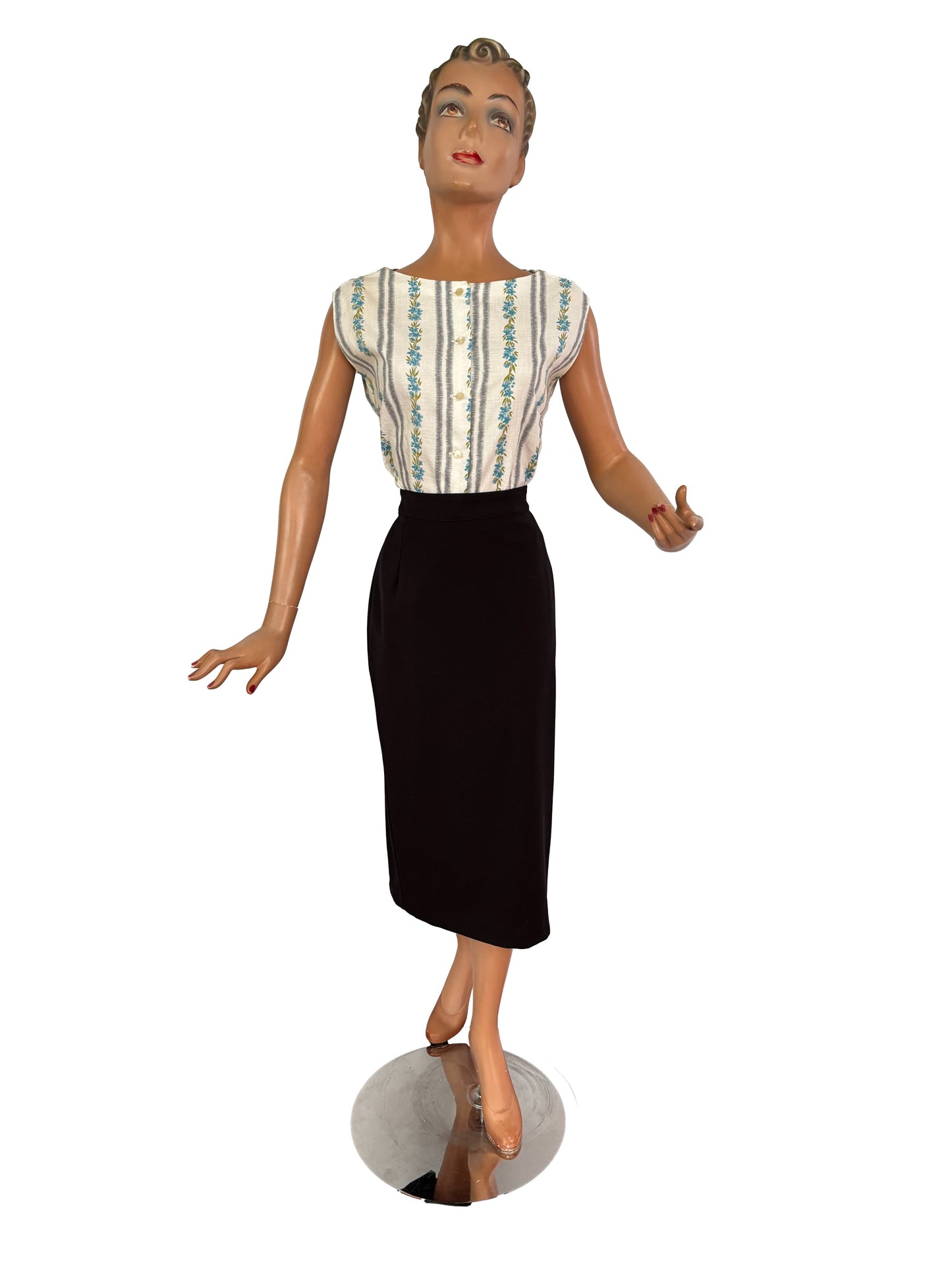 1950s Cotton Blouse With Floral and Stripe Print | S/M