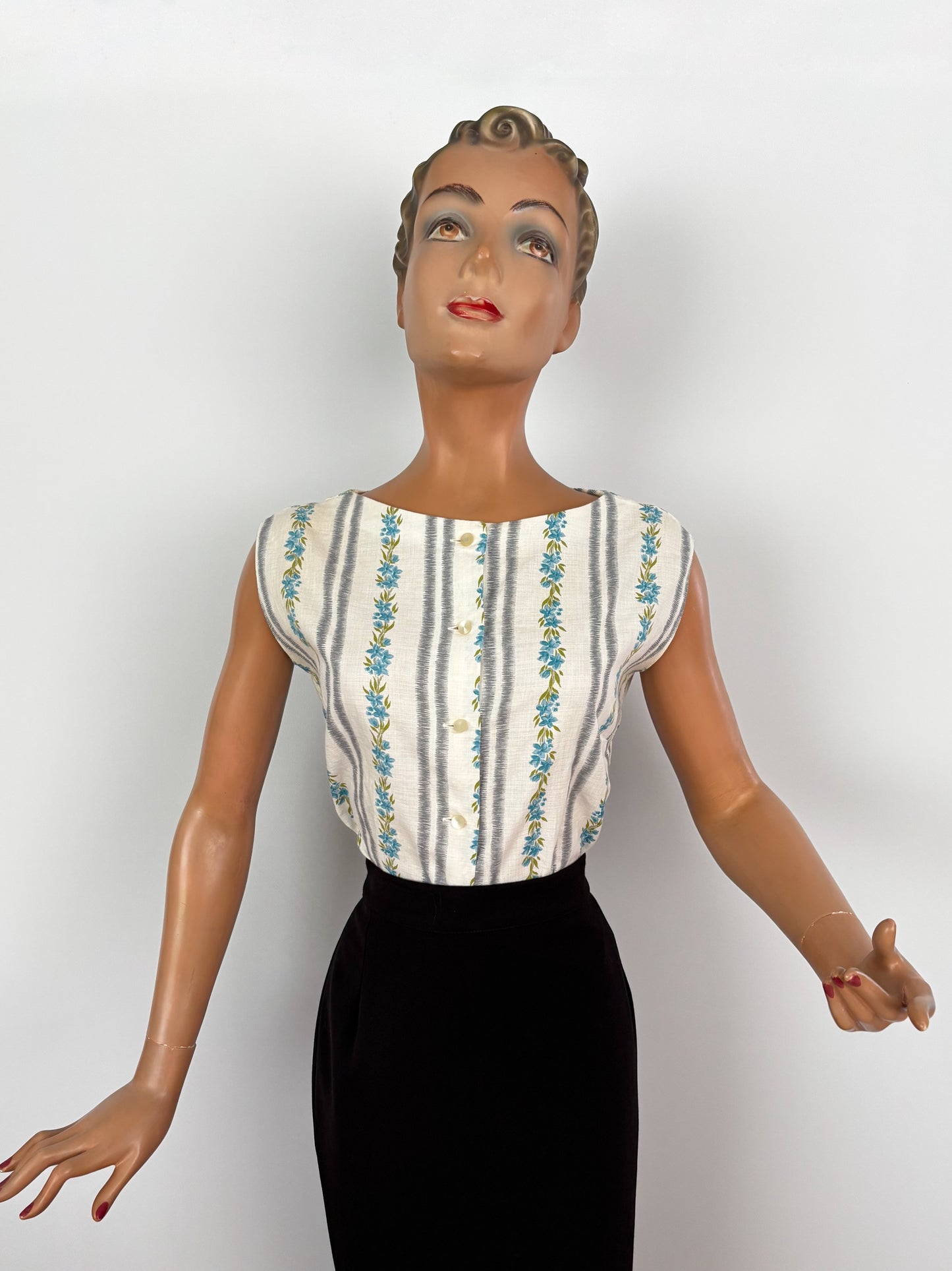 1950s Cotton Blouse With Floral and Stripe Print | S/M