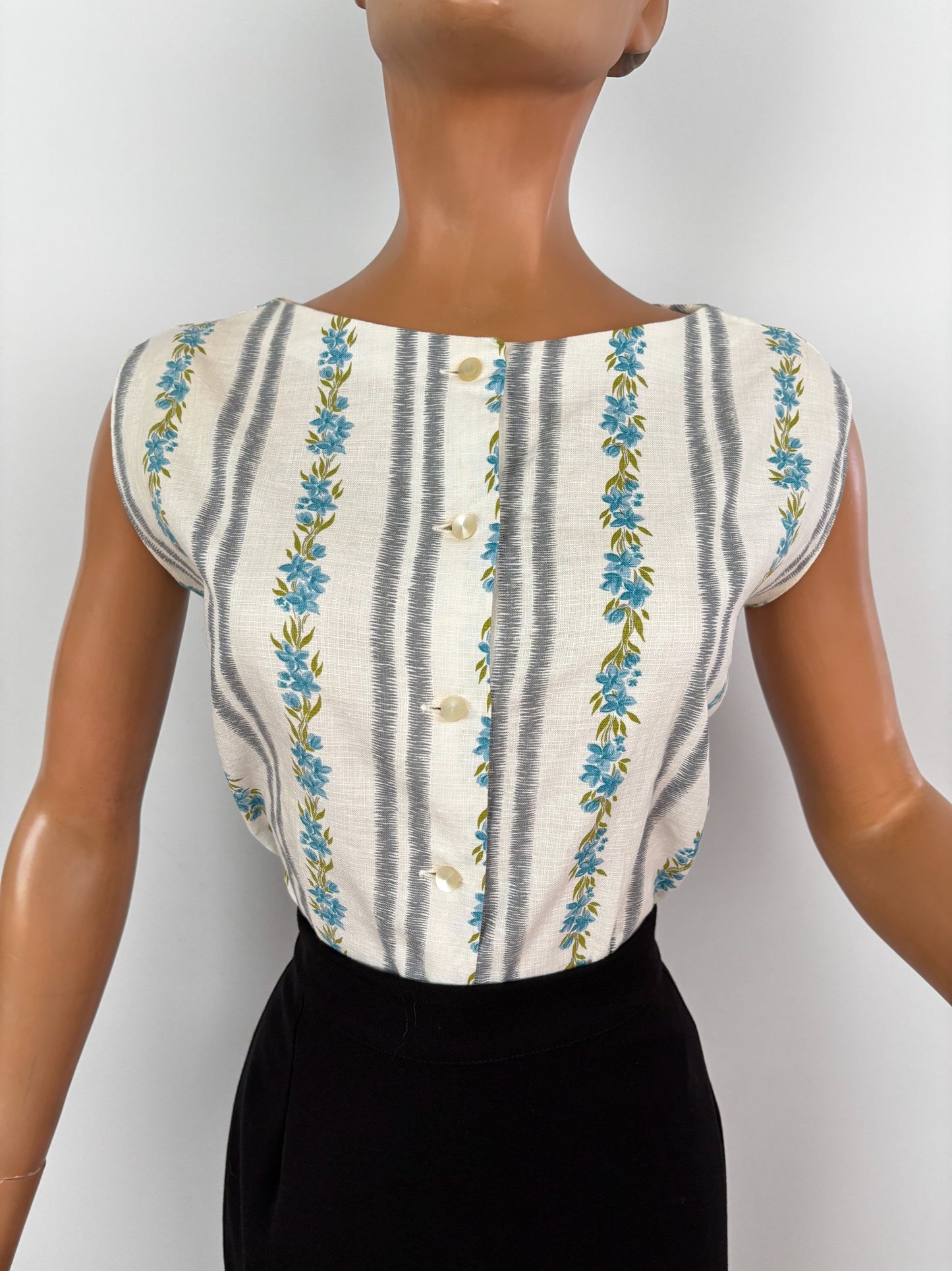 1950s Cotton Blouse With Floral and Stripe Print | S/M