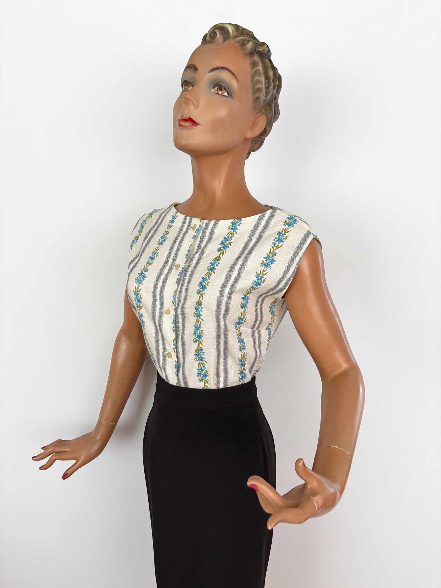 1950s Cotton Blouse With Floral and Stripe Print | S/M