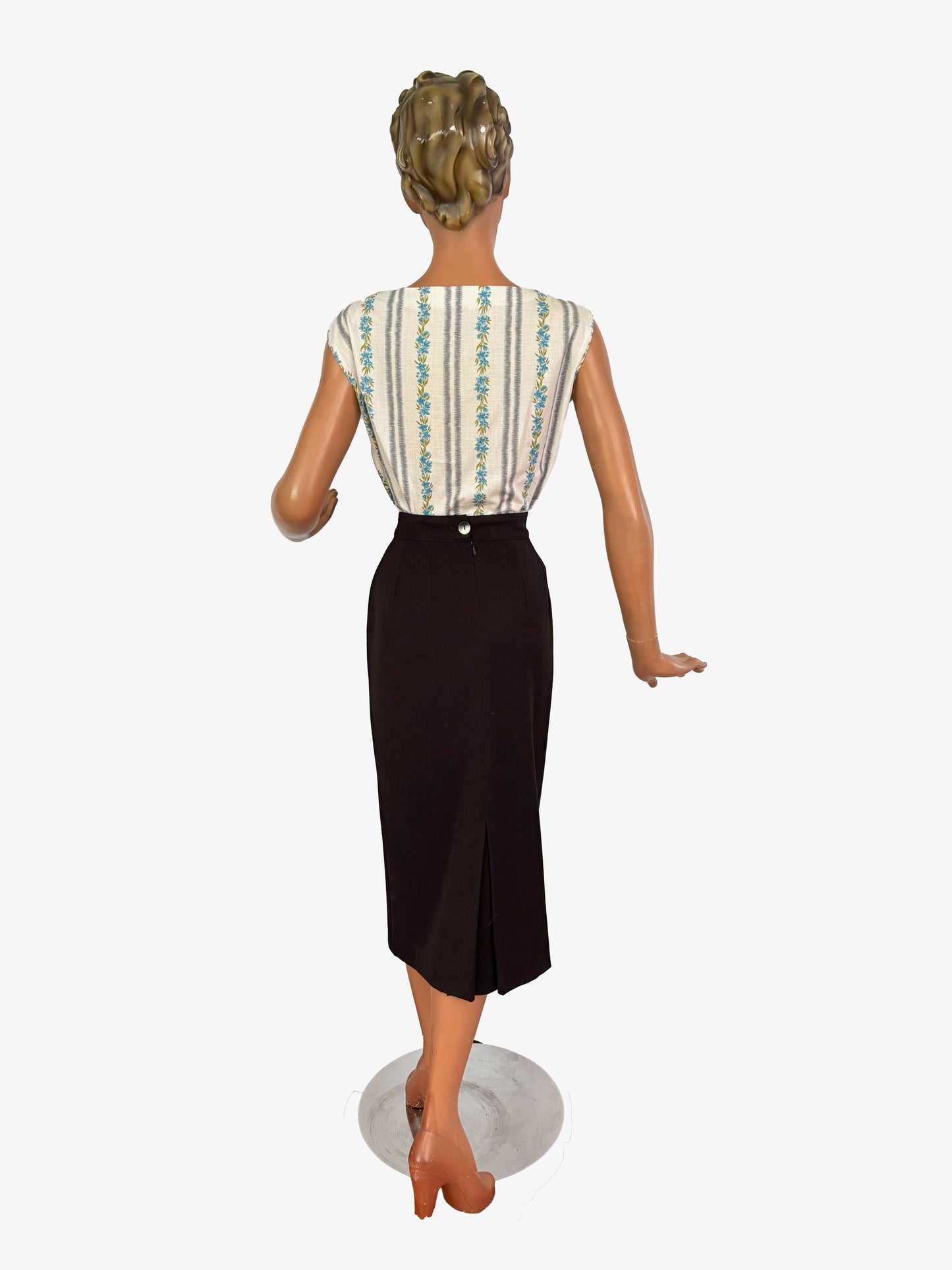 1950s Cotton Blouse With Floral and Stripe Print | S/M
