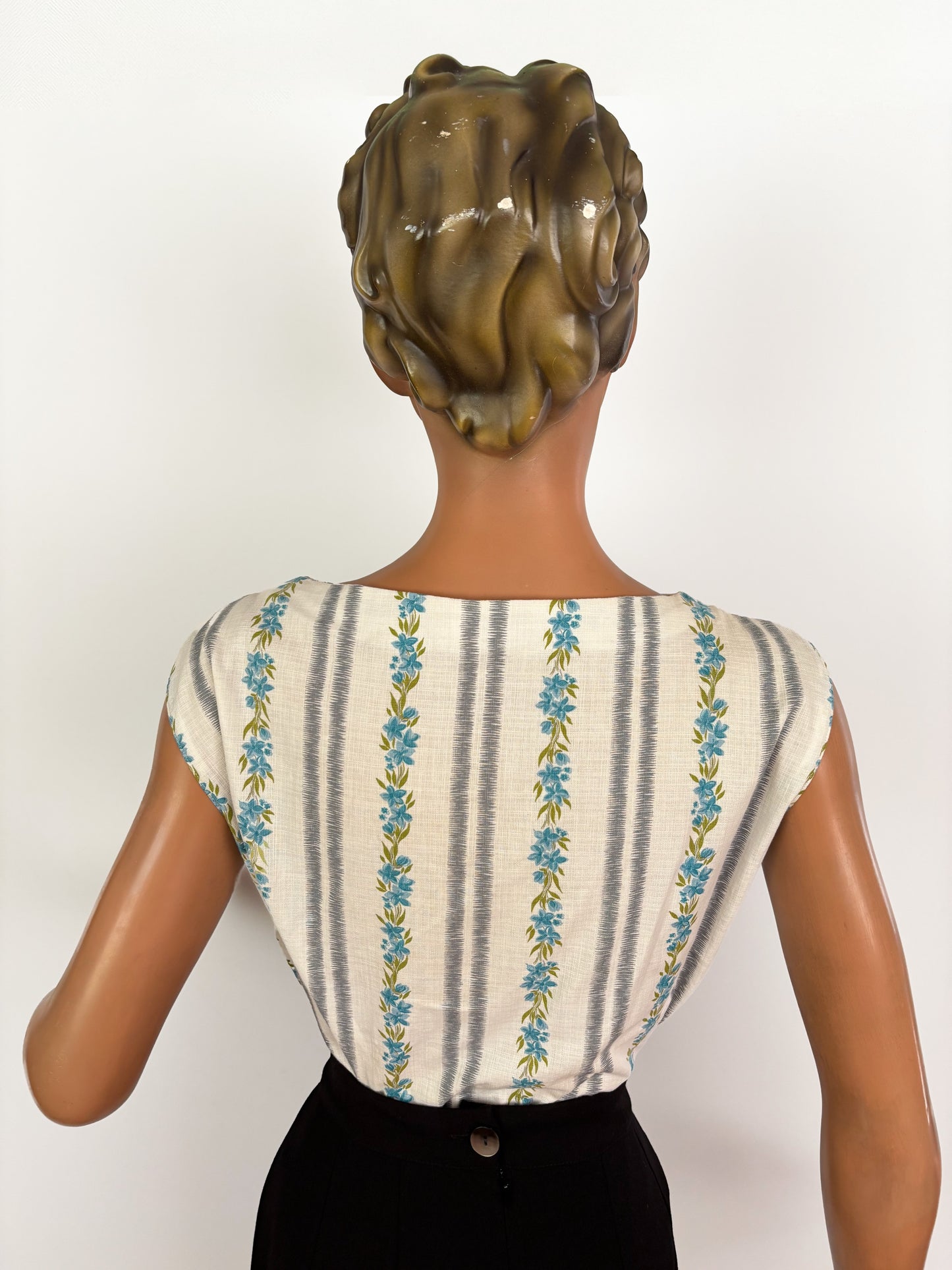 1950s Cotton Blouse With Floral and Stripe Print | S/M