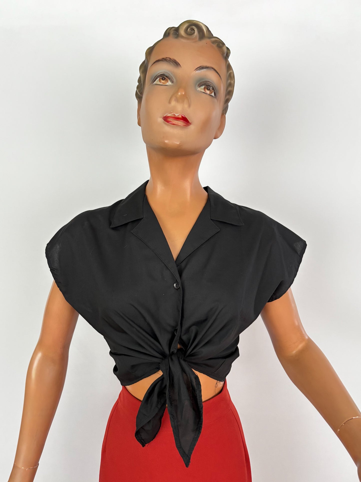 1970s Does 1950s Black Cotton Blend Tie Front Blouse | L