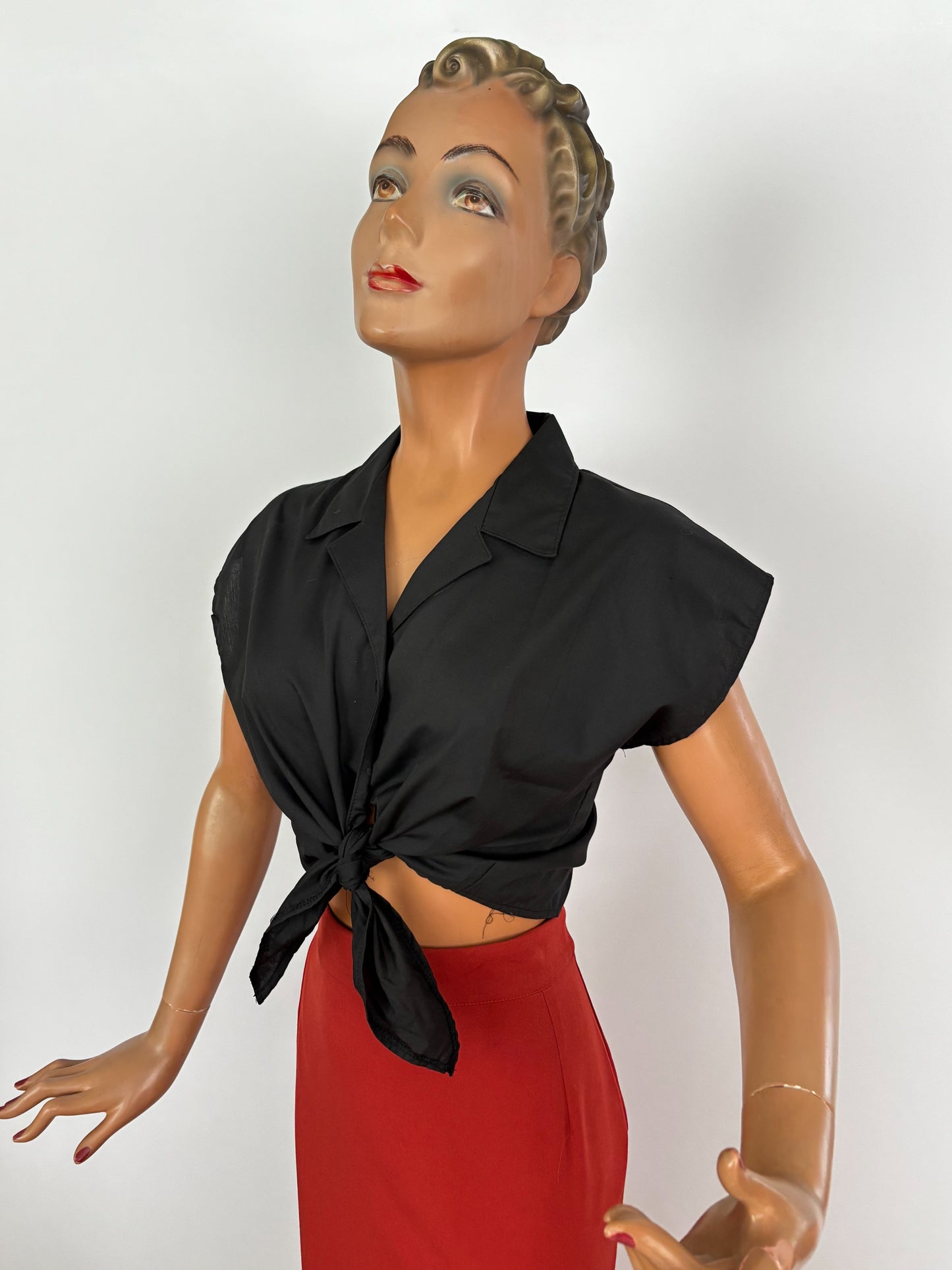 1970s Does 1950s Black Cotton Blend Tie Front Blouse | L