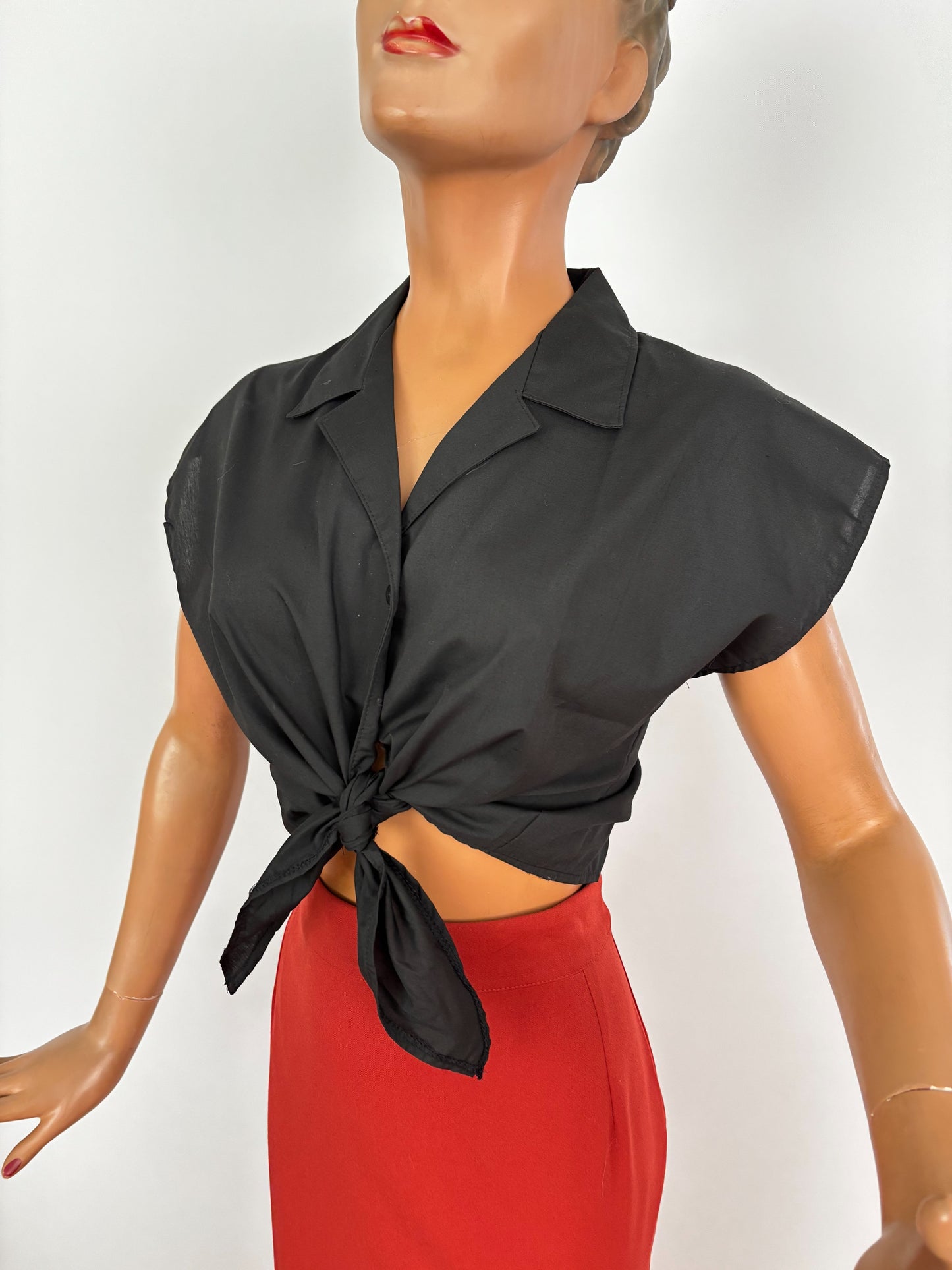 1970s Does 1950s Black Cotton Blend Tie Front Blouse | L