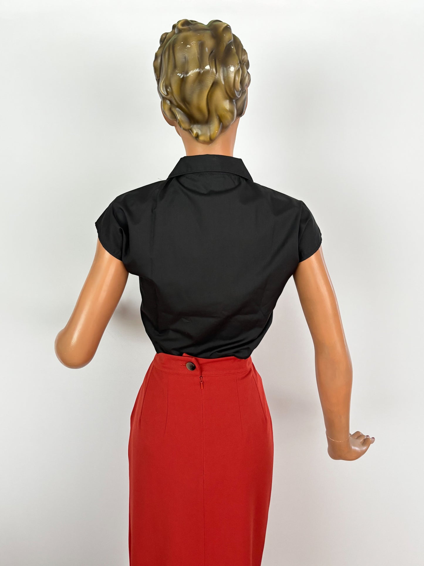 1970s Does 1950s Black Cotton Blend Tie Front Blouse | L