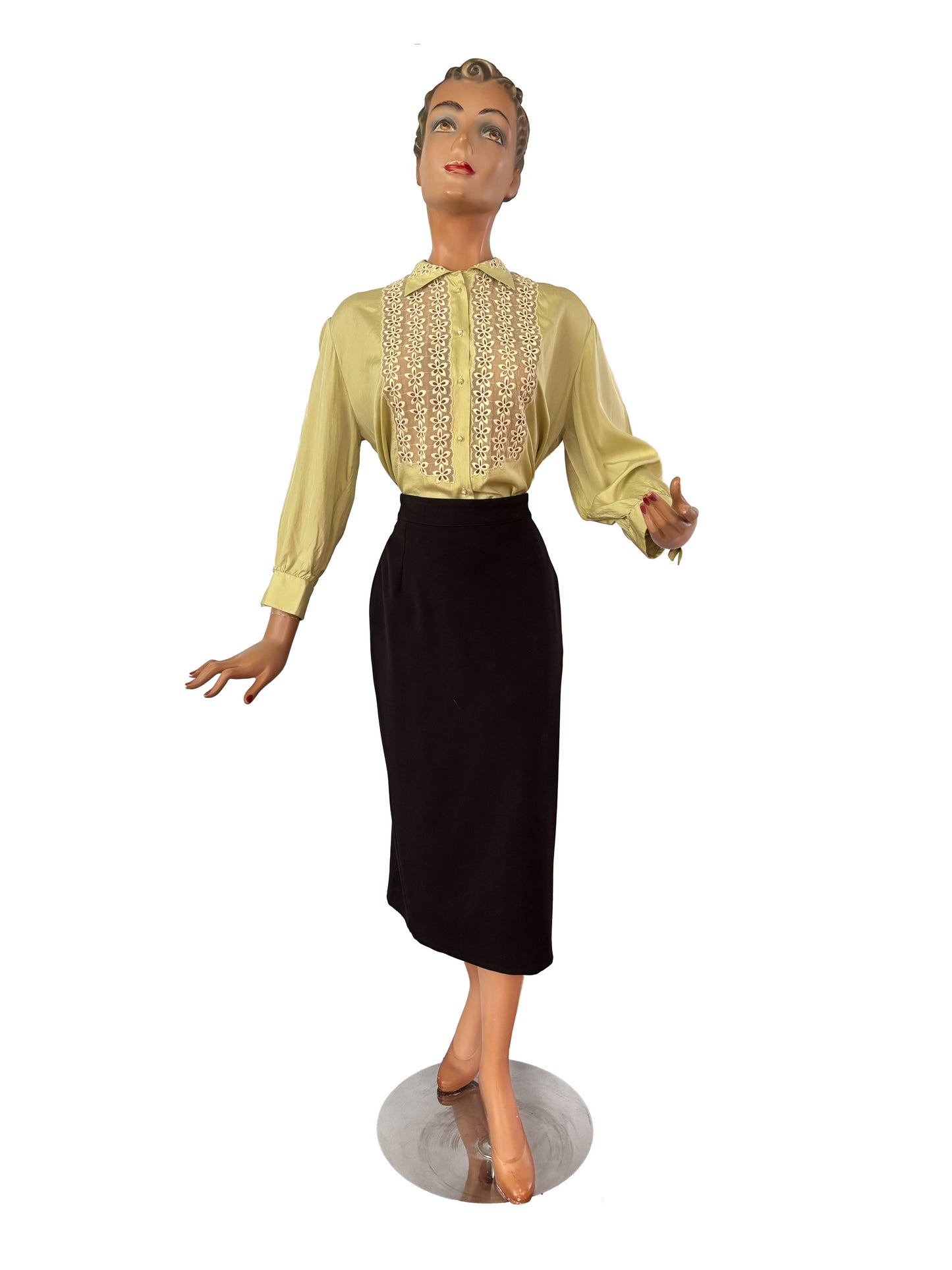 1940s 1950s Embroidered Silk Mesh Panel Blouse | XL/XXL