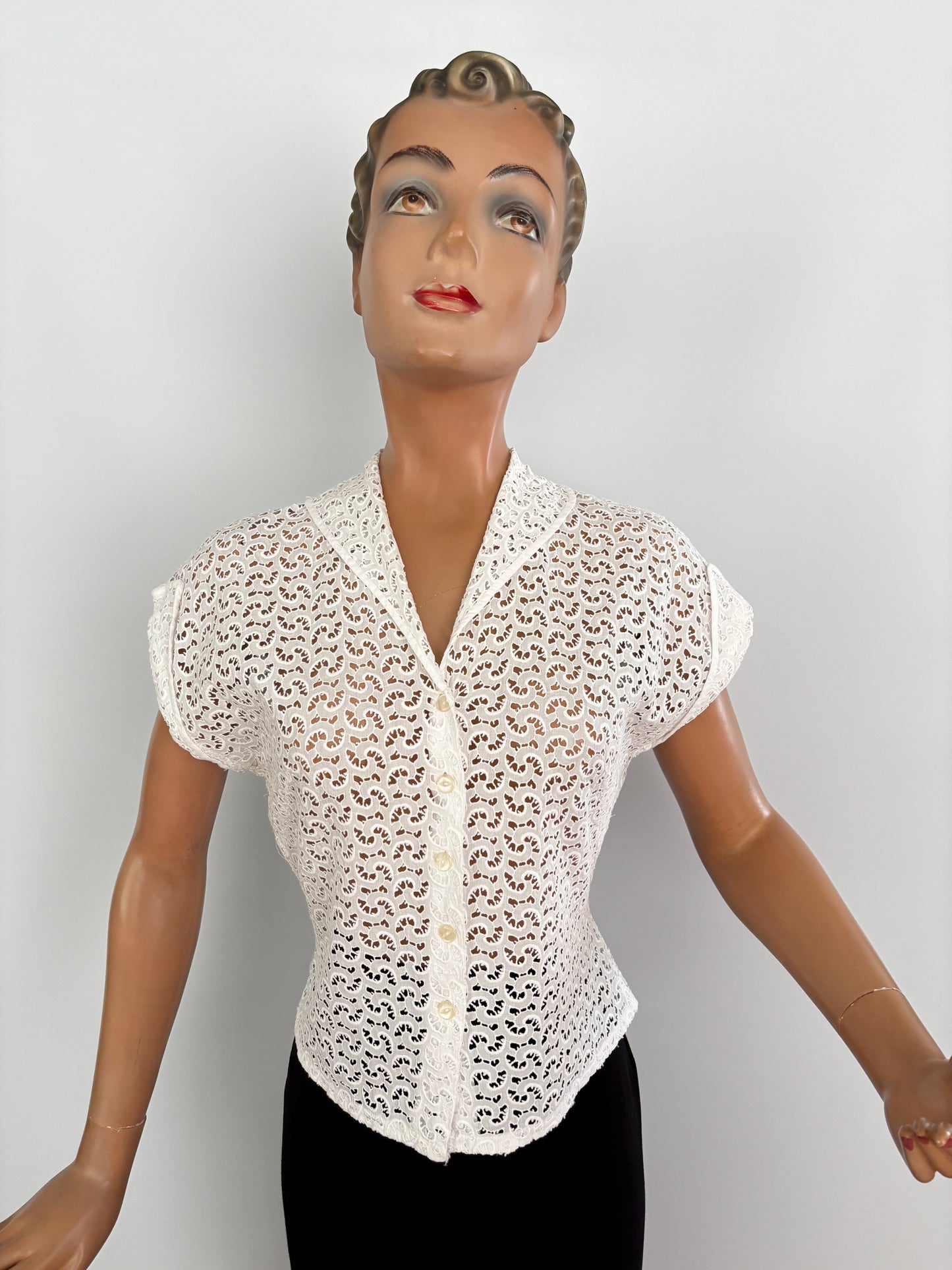 1940s/50s Off-White Cotton Lace Blouse | M