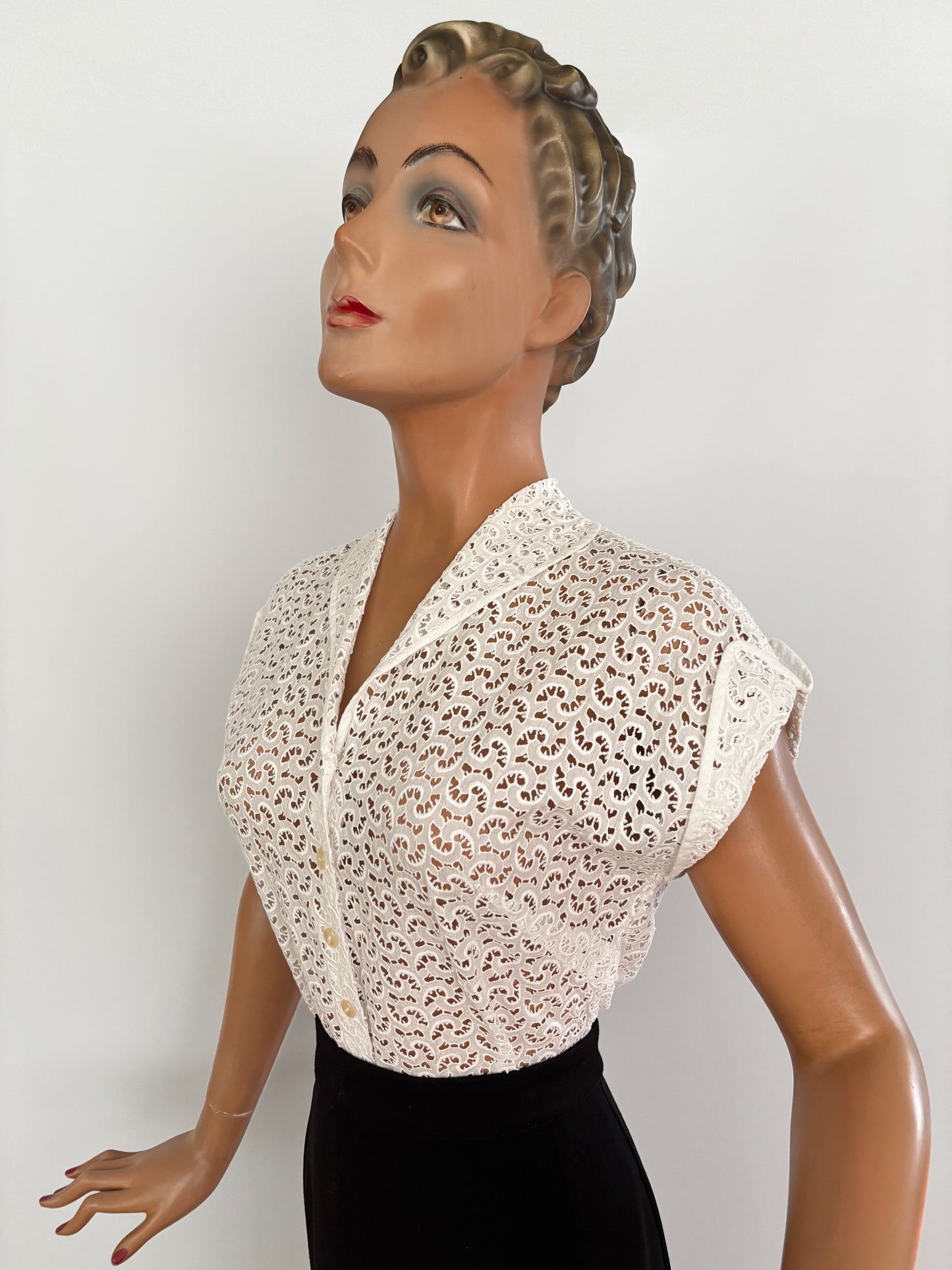 1940s/50s Off-White Cotton Lace Blouse | M
