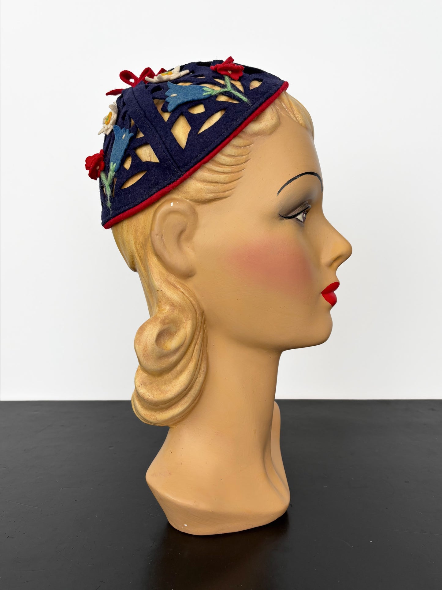 1930s/40s German Felt Calot with Cutouts and Floral Appliqué