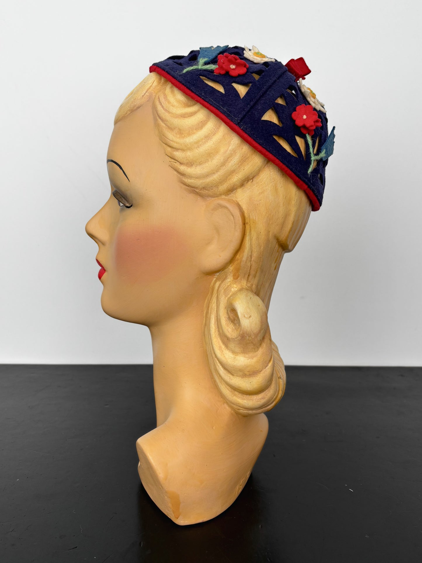 1930s/40s German Felt Calot with Cutouts and Floral Appliqué