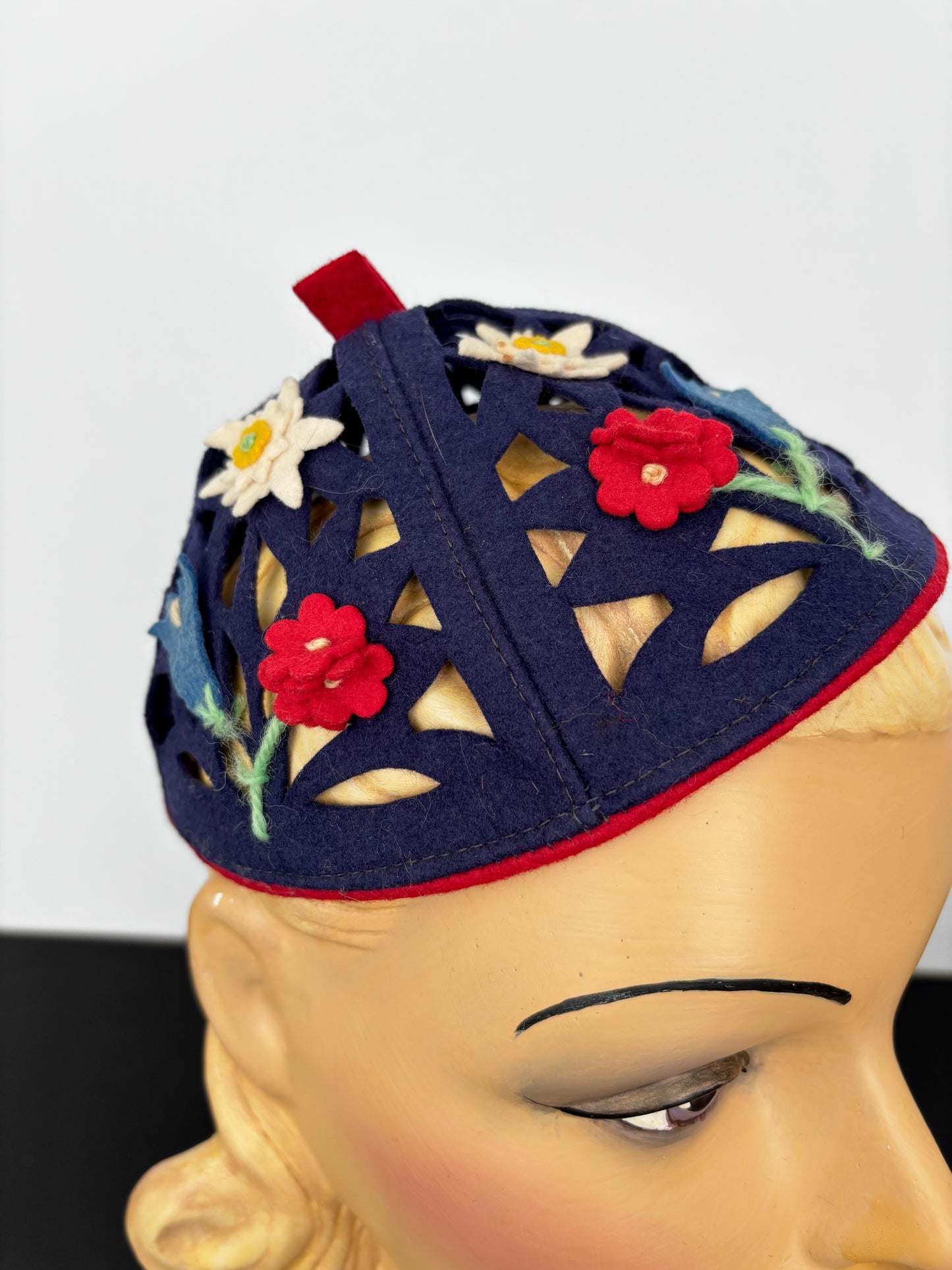 1930s/40s German Felt Calot with Cutouts and Floral Appliqué