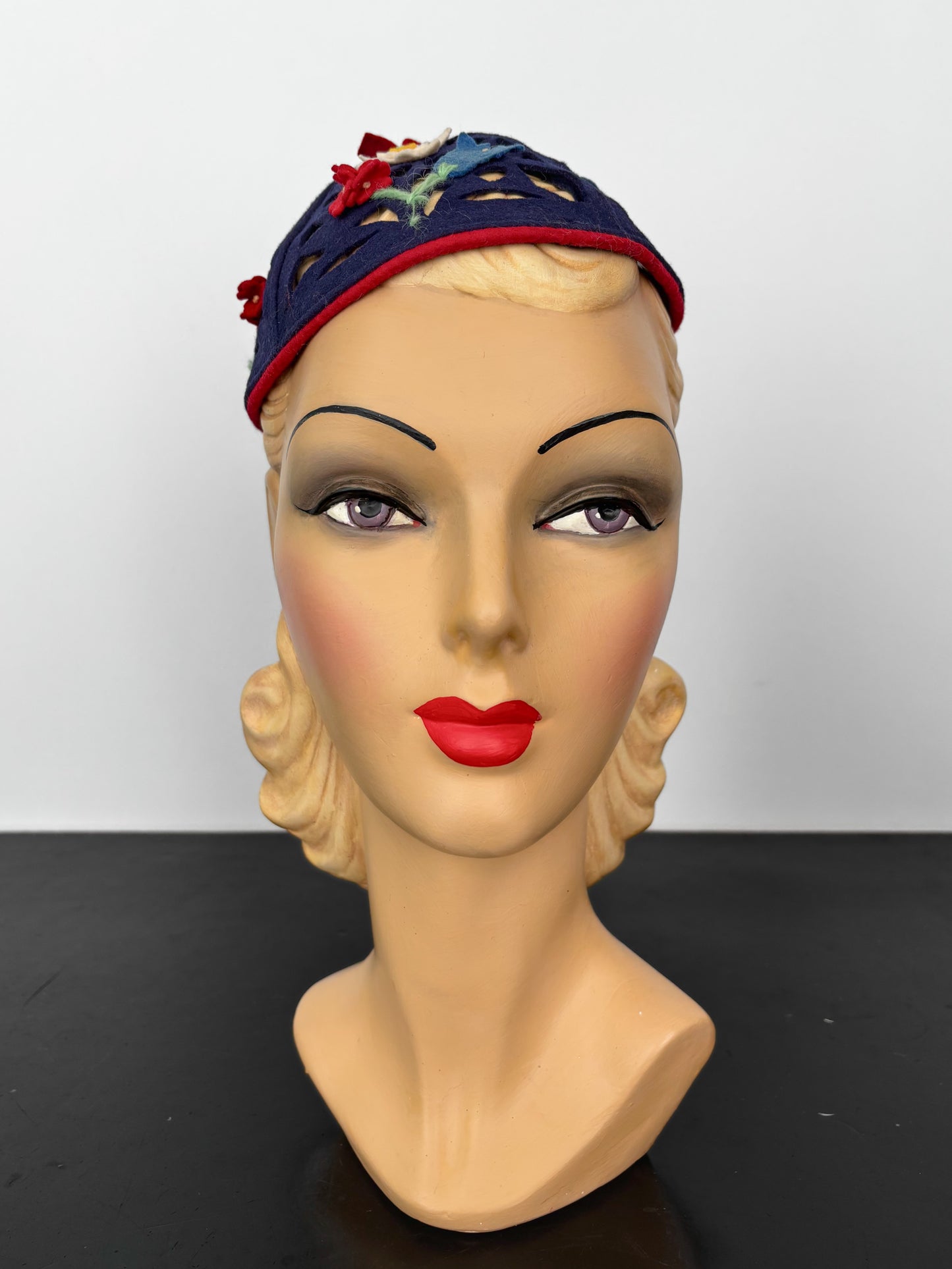 1930s/40s German Felt Calot with Cutouts and Floral Appliqué