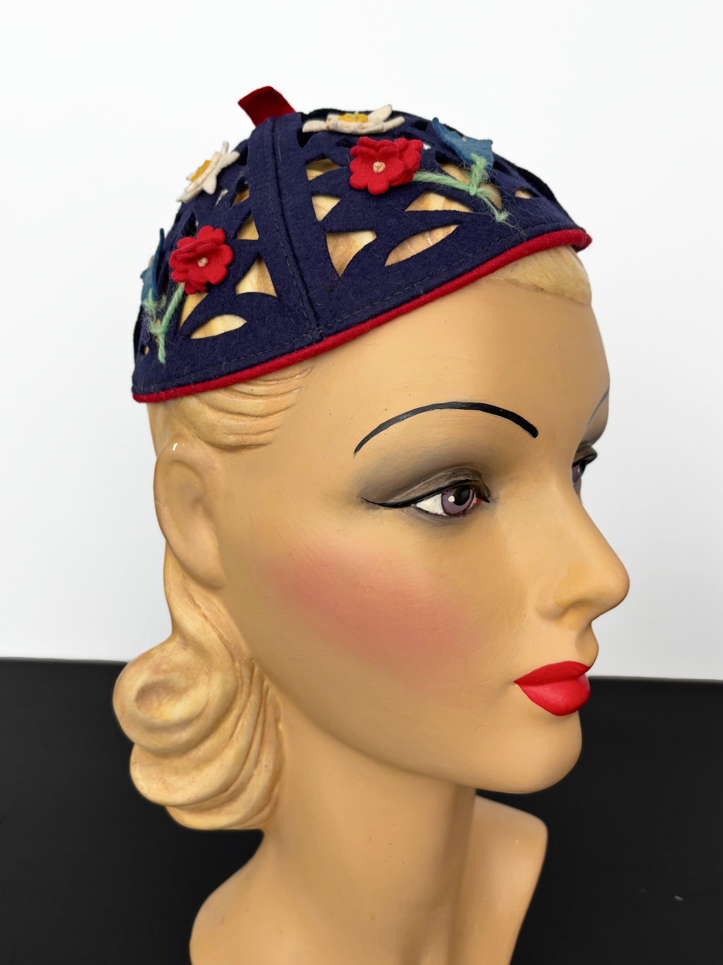 1930s/40s German Felt Calot with Cutouts and Floral Appliqué