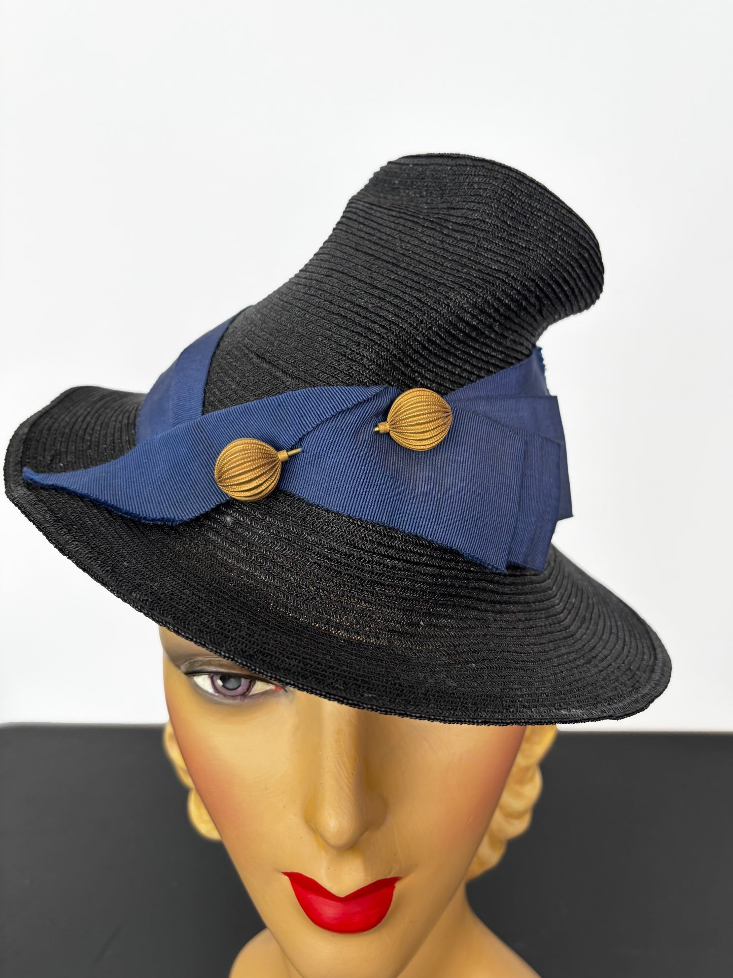 1940s Sisal Chimney Hat with Blue Ribbon and Hat Pin