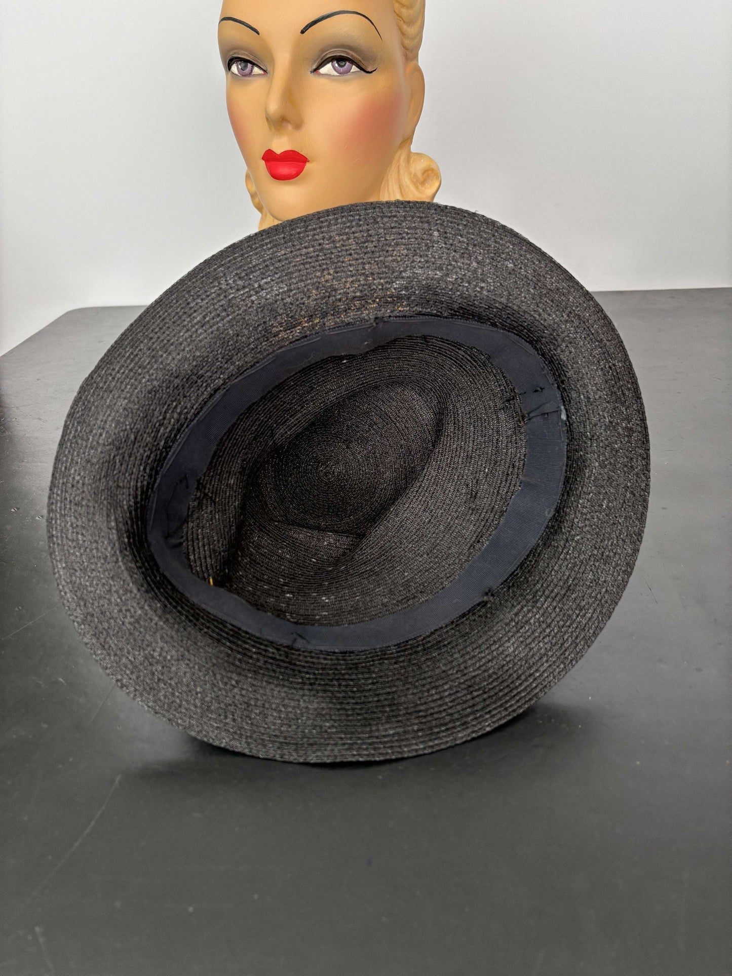 1940s Sisal Chimney Hat with Blue Ribbon and Hat Pin Lily Scarlet