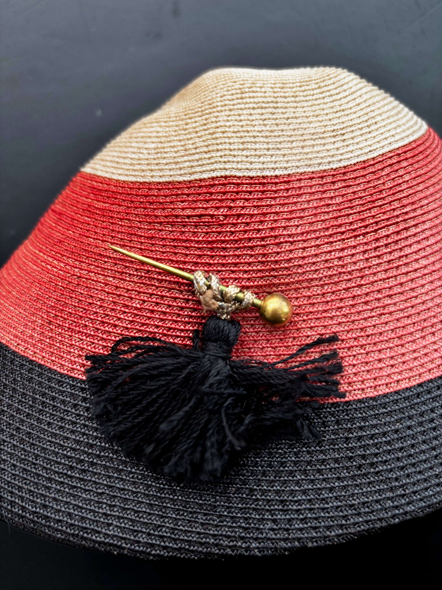 Vintage 1940s Tricolor Raffia Hat with Tassel and Hatpin Lily Scarlet
